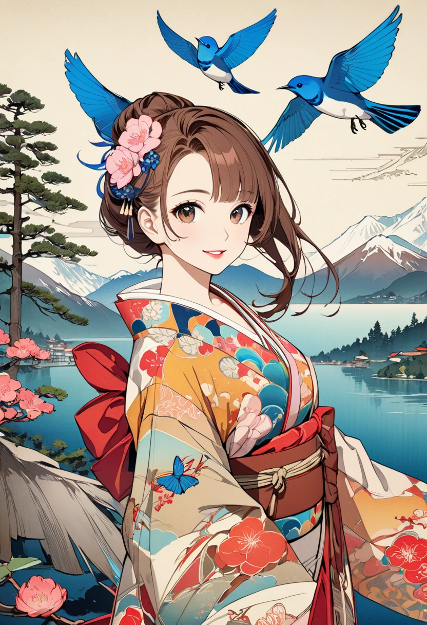 ( best quality, masterpiece,  high definition , 8k),  Young and Beautiful Women ,  cute face,  colorful kimono with bright patterns that reveal the chest, Mid-chest,  beautiful smiling woman ,  beautiful brown eyes ,  Pretty Pink Lips , Long brown hair,  look at me and smile, Mountain, Hotel, lake, blue bird ,  birds are flying, Blue Butterfly, large pine tree branch, Colorful Ukiyo-e style illustrations,  Detailed Illustration Art , 