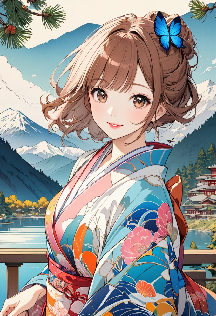 ( best quality, masterpiece,  high definition , 8k),  Young and Beautiful Women ,  cute face,  colorful kimono with bright patterns that reveal the chest, Mid-chest,  beautiful smiling woman ,  beautiful brown eyes ,  Pretty Pink Lips , Long brown hair,  look at me and smile, Mountain, Hotel, lake, blue bird ,  birds are flying, Blue Butterfly, large pine tree branch, Colorful Ukiyo-e style illustrations,  Detailed Illustration Art , 