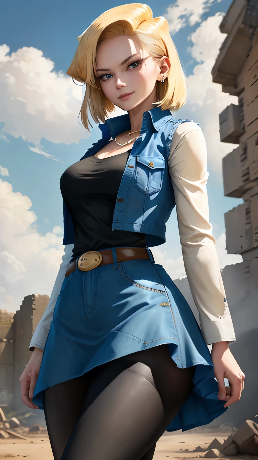 best quality, high-res, and18, 1girl, android 18, solo, blonde hair, blue eyes, belt, blue demin bodycon skirt, gold necklace, black shirt, short hair, long sleeves, striped sleeves, earrings, open vest, blue denim vest, large breasts, cowboy shot, forest, straight-on, (weather: windy), combat ready position, full length pantyhose, battle ruins, wide hips, shy smile,