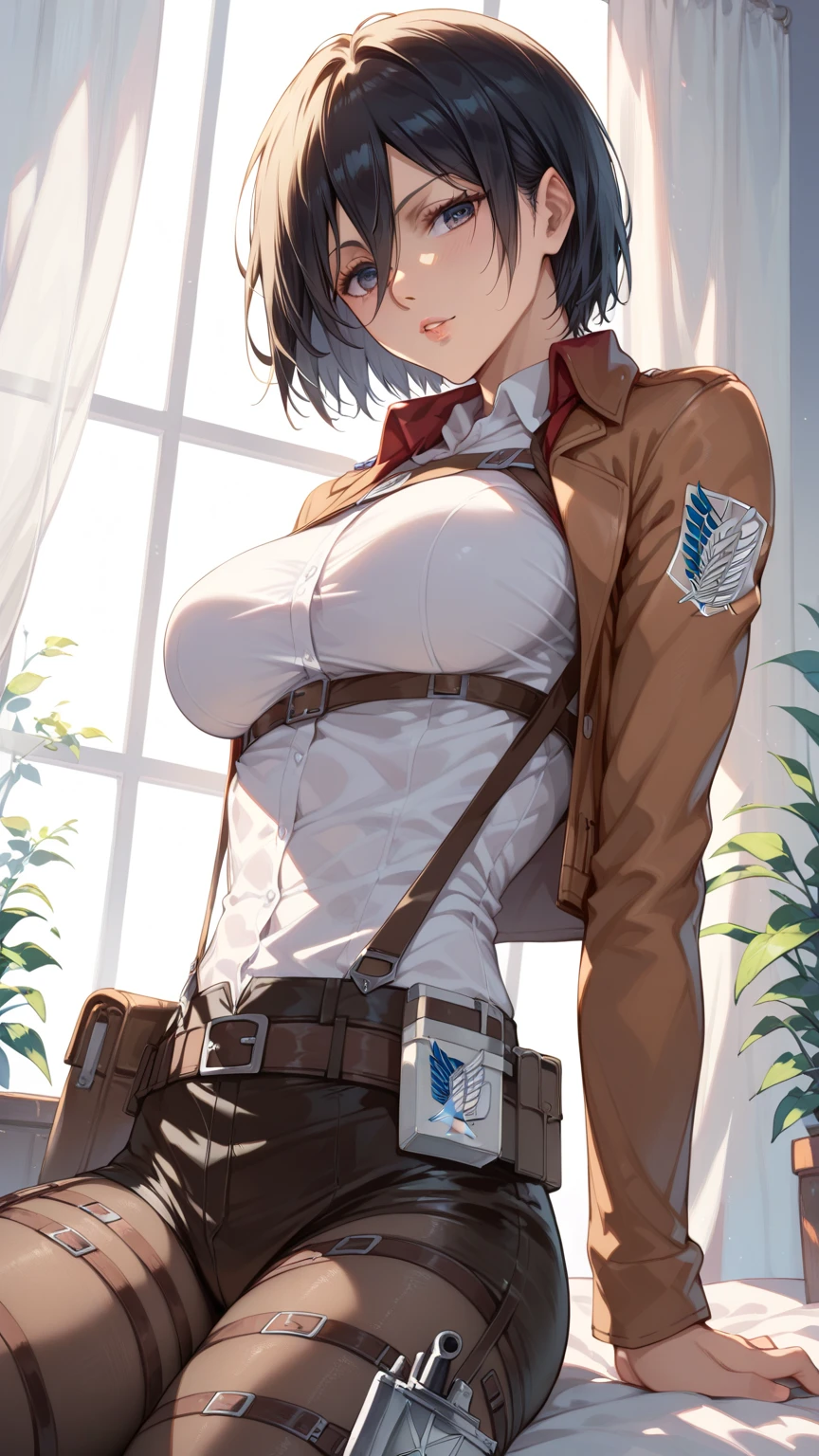 Mikasa Ackerman, shingeki no kyojin, soldier clothing that is very tight due to their sexy and voluptuous body with a neckline showing their breasts.