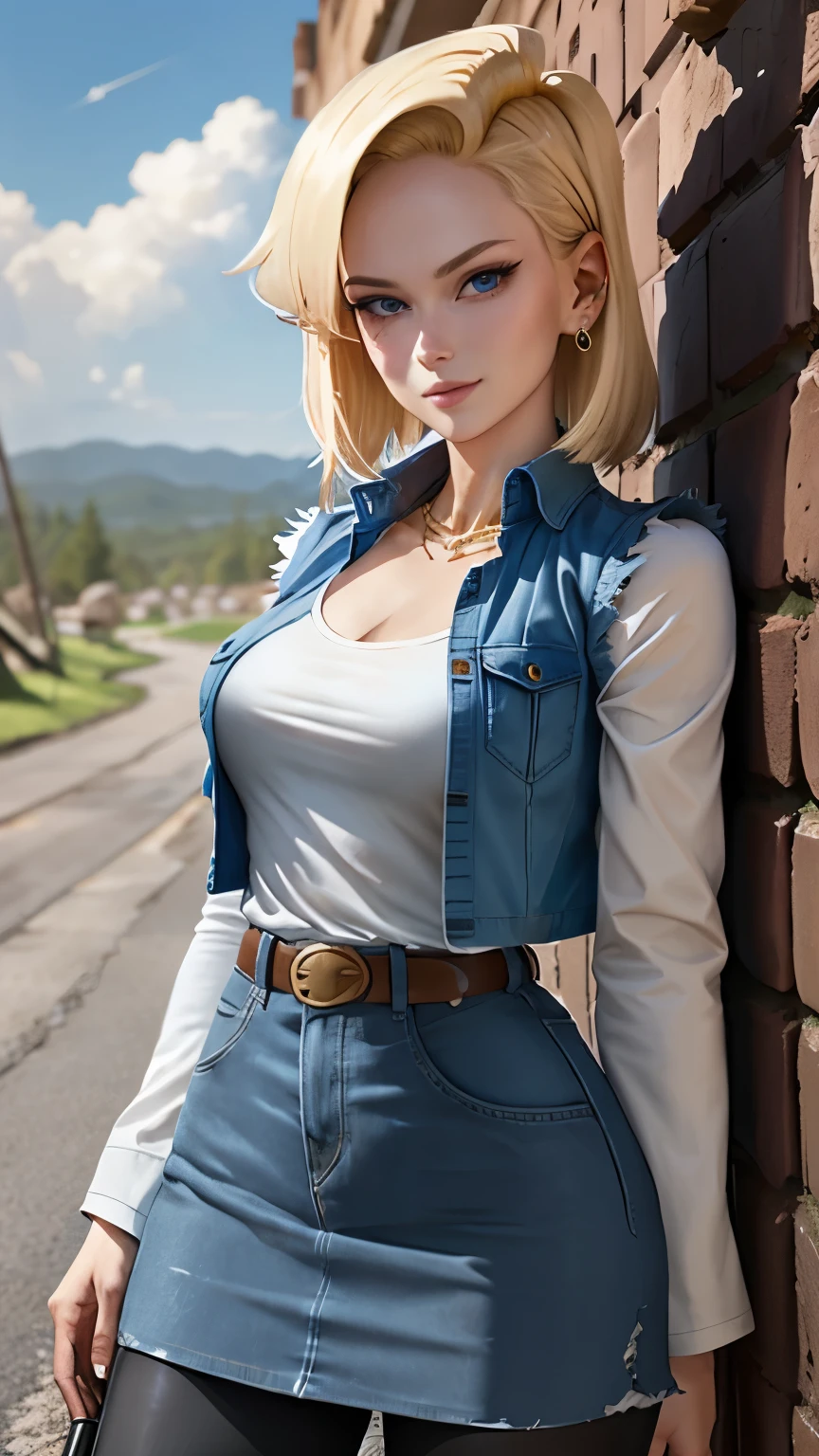 best quality, high-res, and18, 1girl, android 18, solo, blonde hair, blue eyes, belt, blue demin bodycon skirt, gold necklace, black shirt, short hair, long sleeves, striped sleeves, earrings, open vest, blue denim vest, large breasts, cowboy shot, forest, straight-on, (weather: windy), combat ready position, full length pantyhose, battle ruins, wide hips, shy smile,