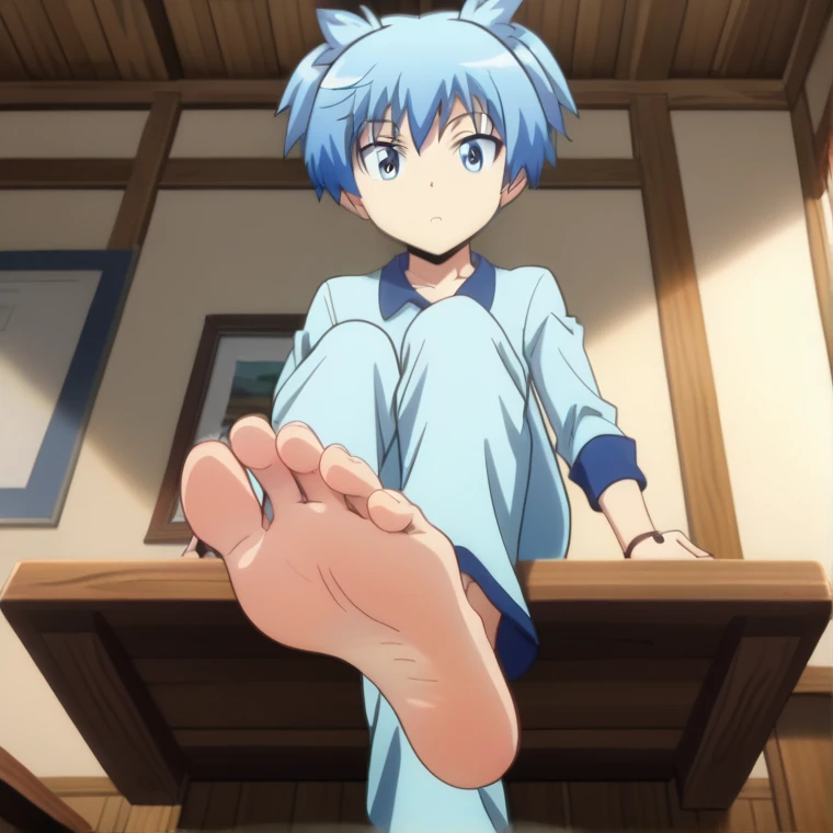 Score_9, score_8_up, source_anime, 1boy, Nagisa Shiota, big eyes, alone, looking at viewer, in his room, sitting, cowboy shot, ANIME SCREENCAP, anime coloring, barefoot, perfect feet, anatomically correct, soles, low angle, focal length 35mm, each foot has five toes, front, symmetrical soles, foot focus, wearing pajamas, long pants