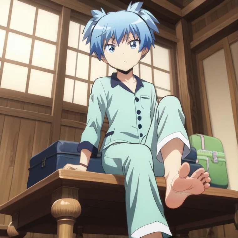 Score_9, score_8_up, source_anime, 1boy, Nagisa Shiota, big eyes, alone, looking at viewer, in his room, sitting, cowboy shot, ANIME SCREENCAP, anime coloring, barefoot, perfect feet, anatomically correct, soles, low angle, focal length 35mm, each foot has five toes, front, symmetrical soles, foot focus, wearing pajamas, long pants