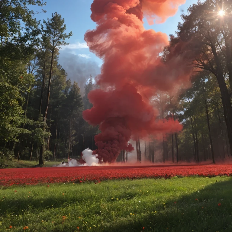 Red smoke, sprouting from the ground and rising upwards.