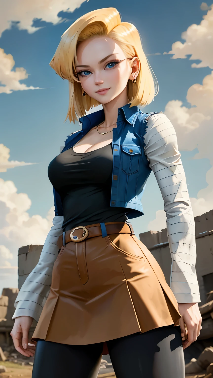 best quality, high-res, and18, 1girl, android 18, solo, blonde hair, blue eyes, belt, blue demin bodycon skirt, gold necklace, black shirt, short hair, long sleeves, striped sleeves, earrings, open vest, blue denim vest, large breasts, cowboy shot, forest, straight-on, (weather: windy), combat ready position, full length pantyhose, battle ruins, wide hips, shy smile,