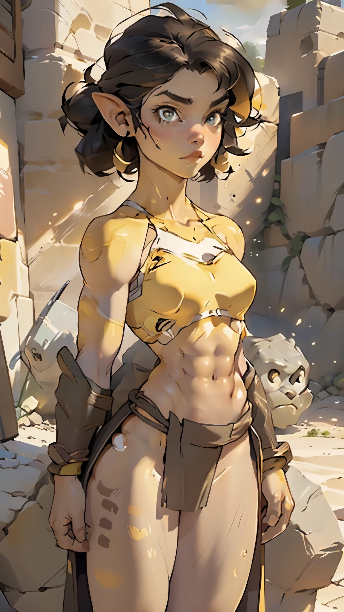 orc, orc girl, dark skin, mature orc girl, abs, toned,  long black hair,  heavy armor outfit, bikini armor, erotic expression, large breasts,((loincloth)),

(very yellow skin,yellow colored skin,(yellow colored skin),yellow skin,yellow face)

muscle legs:1.5,muscular thighs:1.5,muscular girl:1.5,muscular:1.5,feminine and muscular,((ABS:1.5)),arm muscle:1.5,Strong physique,bulky:1.5

(dynamic pose:1.0),(centered,scale to fit dimensions,Rule of thirds,cowboy shot),

desert scenery:1.25,((stones scenery)),

((best quality)), ((masterpiece)), (detailed), Realistic Shadows, Detailed skin, Very detailed, highly detailed face, Perfect face shape, Perfect lips, Perfect nose, Correct beautiful eyes, Watching Viewer, Best Quality, (nsfw:0.5), ((flat chested, flat stomach, baby face)), (intense colors), ((3d)),

