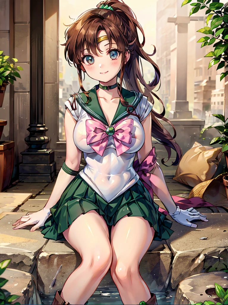  best quality、 sailor Jupiter 、Long legs、Beautiful breasts、cute顔、smile、1girls、 looking sideways、 pleated skirt、Triangle sitting、 high boots 、cute
