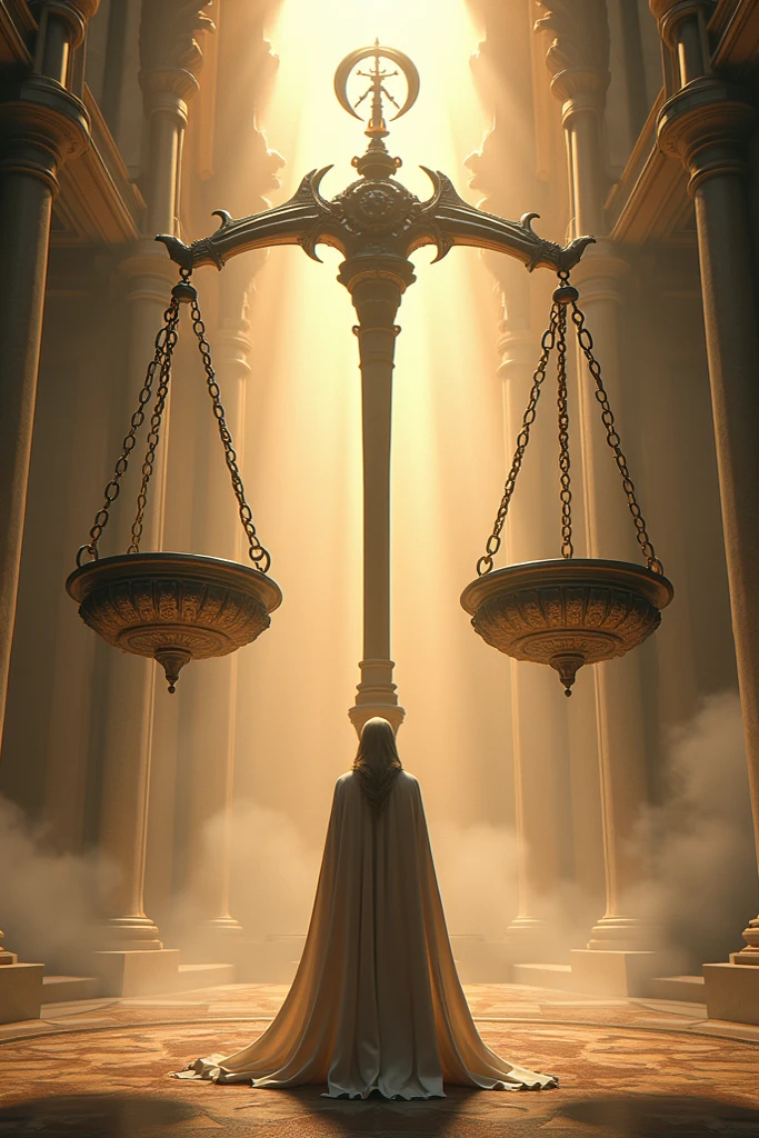 The image shows a large scale emitting light., with the charity books located on both sides of the scales. On one side, good deeds are represented by golden light, while on the other hand, bad deeds are represented by dark shadows. Under the scales, an angel records the results of the calculations.