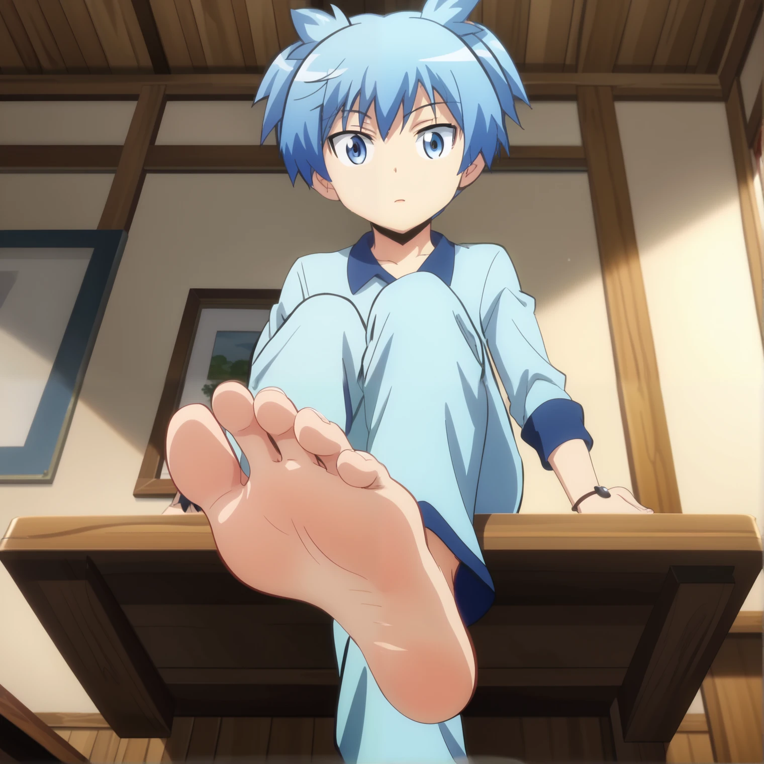 Score_9, score_8_up, source_anime, 1boy, Nagisa Shiota, big eyes, alone, looking at viewer, in his room, sitting, cowboy shot, ANIME SCREENCAP, anime coloring, barefoot, perfect feet, anatomically correct, soles, low angle, focal length 35mm, each foot has five toes, front, symmetrical soles, foot focus, wearing pajamas, long pants