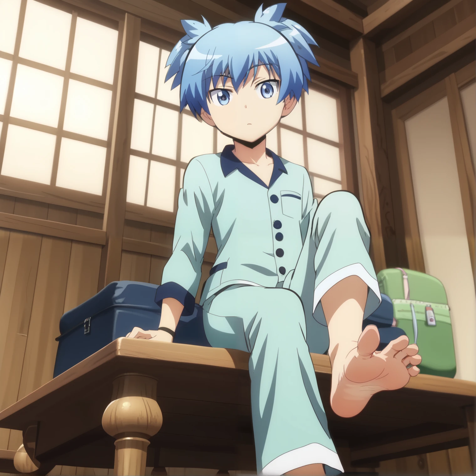 Score_9, score_8_up, source_anime, 1boy, Nagisa Shiota, big eyes, alone, looking at viewer, in his room, sitting, cowboy shot, ANIME SCREENCAP, anime coloring, barefoot, perfect feet, anatomically correct, soles, low angle, focal length 35mm, each foot has five toes, front, symmetrical soles, foot focus, wearing pajamas, long pants