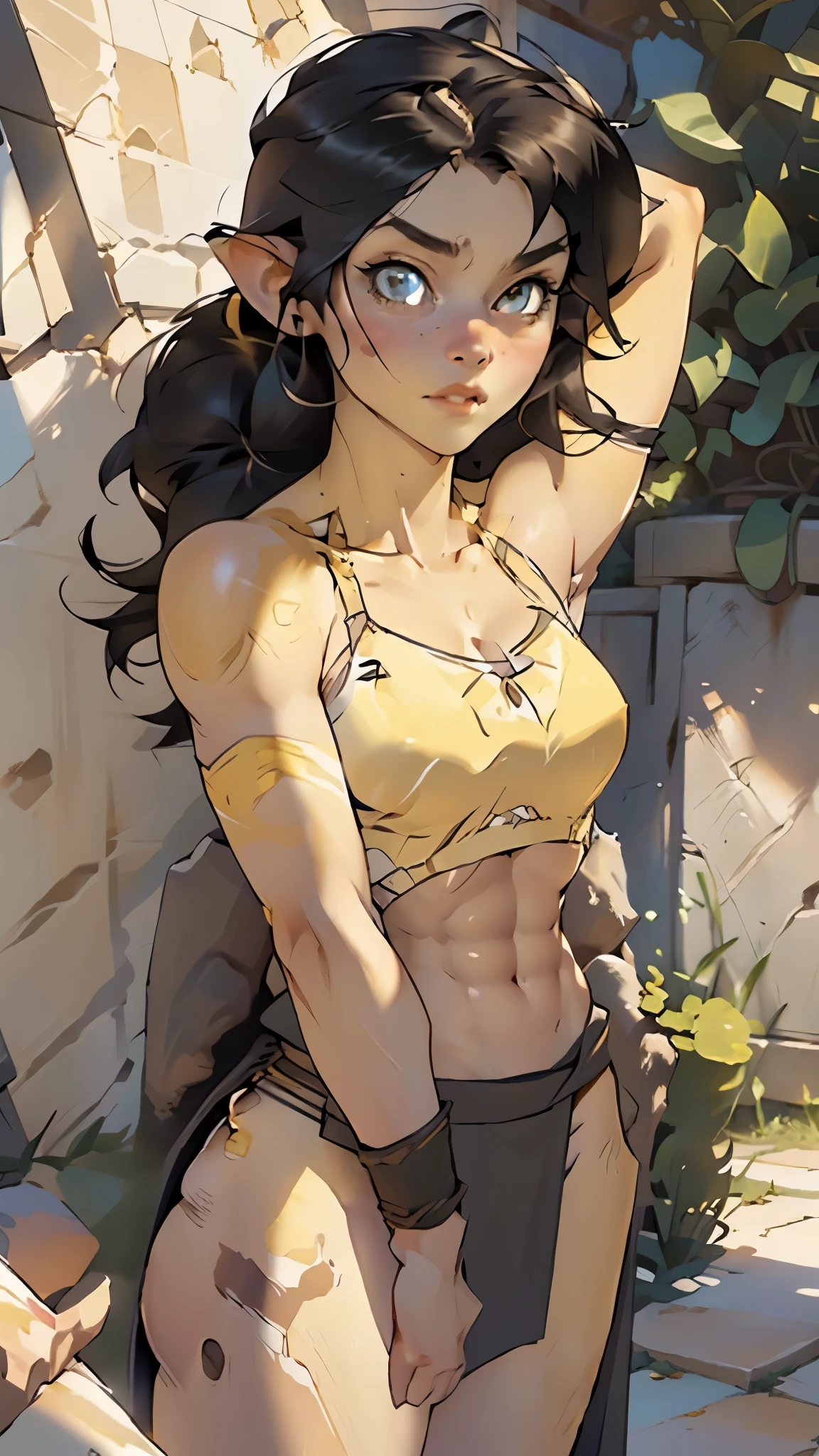 orc, orc girl, dark skin, mature orc girl, abs, toned,  long black hair,  heavy armor outfit, bikini armor, erotic expression, large breasts,((loincloth)),

(very yellow skin,yellow colored skin,(yellow colored skin),yellow skin,yellow face)

muscle legs:1.5,muscular thighs:1.5,muscular girl:1.5,muscular:1.5,feminine and muscular,((ABS:1.5)),arm muscle:1.5,Strong physique,bulky:1.5

(dynamic pose:1.0),(centered,scale to fit dimensions,Rule of thirds,cowboy shot),

desert scenery:1.25,((stones scenery)),

((best quality)), ((masterpiece)), (detailed), Realistic Shadows, Detailed skin, Very detailed, highly detailed face, Perfect face shape, Perfect lips, Perfect nose, Correct beautiful eyes, Watching Viewer, Best Quality, (nsfw:0.5), ((flat chested, flat stomach, baby face)), (intense colors), ((3d)),

