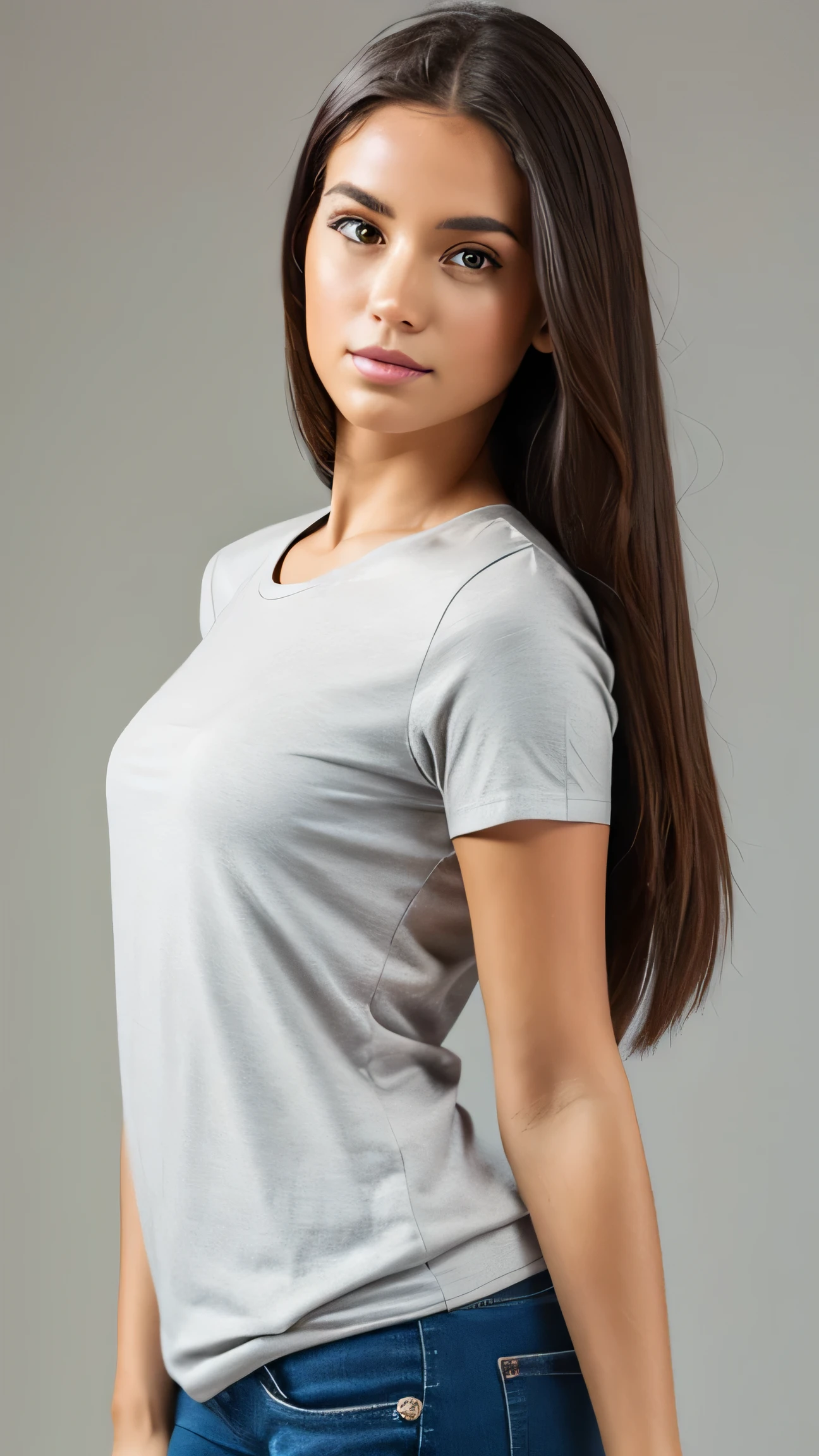 A full-body hyper-realistic image of a female model, 25 years old, fair skin, long straight brown hair, wearing a plain white fitted T-shirt with no logos or designs, paired with skinny light blue jeans and white sneakers. Shot with a Canon EOS R5 and a 35mm f/1.8 lens under bright studio lighting with soft shadows. Ultra-detailed fabric texture on the T-shirt, showing natural wrinkles and seams. Neutral light gray background with slight floor shadow.
