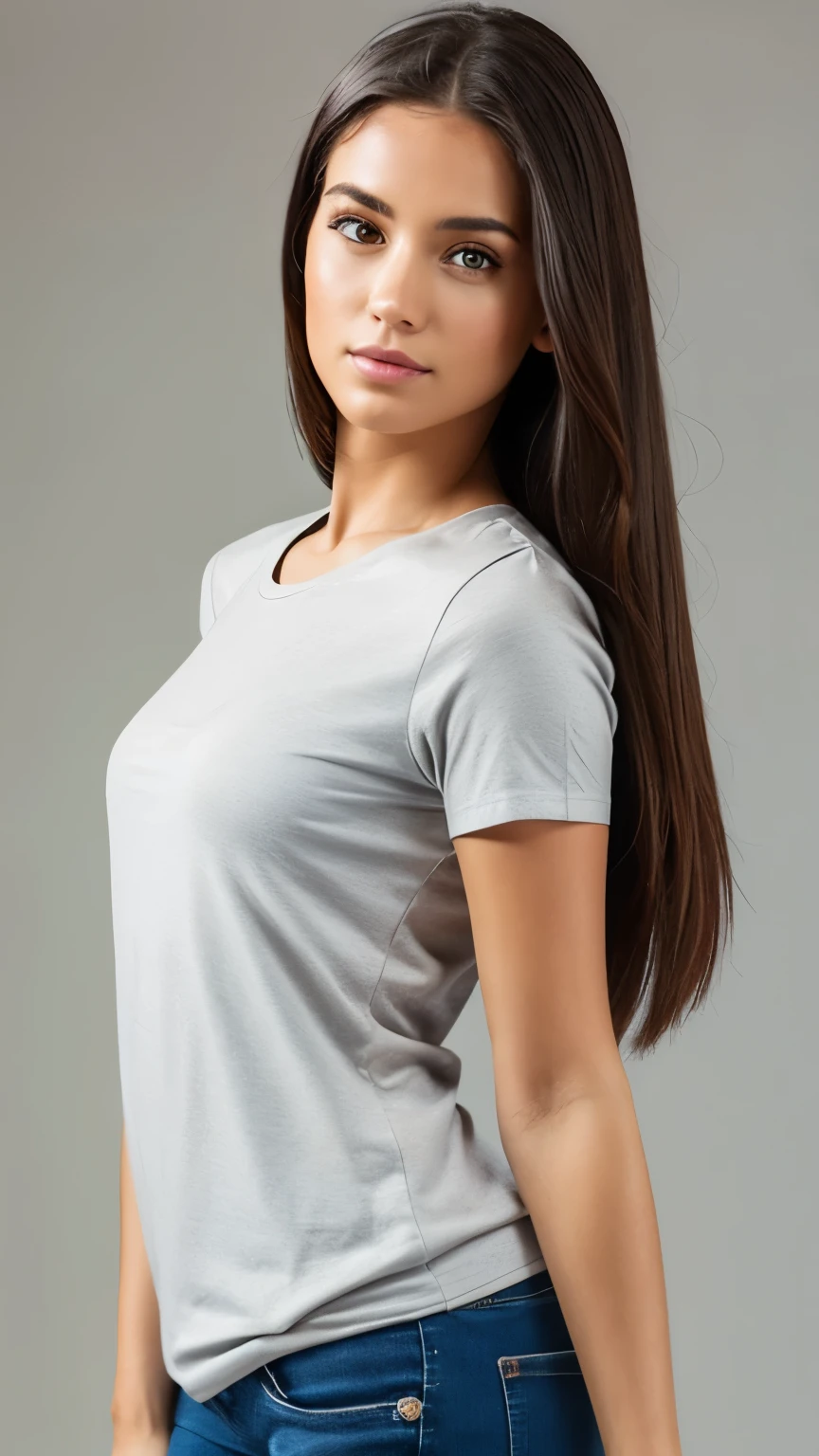 A full-body hyper-realistic image of a female model, 25 years old, fair skin, long straight brown hair, wearing a plain white fitted T-shirt with no logos or designs, paired with skinny light blue jeans and white sneakers. Shot with a Canon EOS R5 and a 35mm f/1.8 lens under bright studio lighting with soft shadows. Ultra-detailed fabric texture on the T-shirt, showing natural wrinkles and seams. Neutral light gray background with slight floor shadow.
