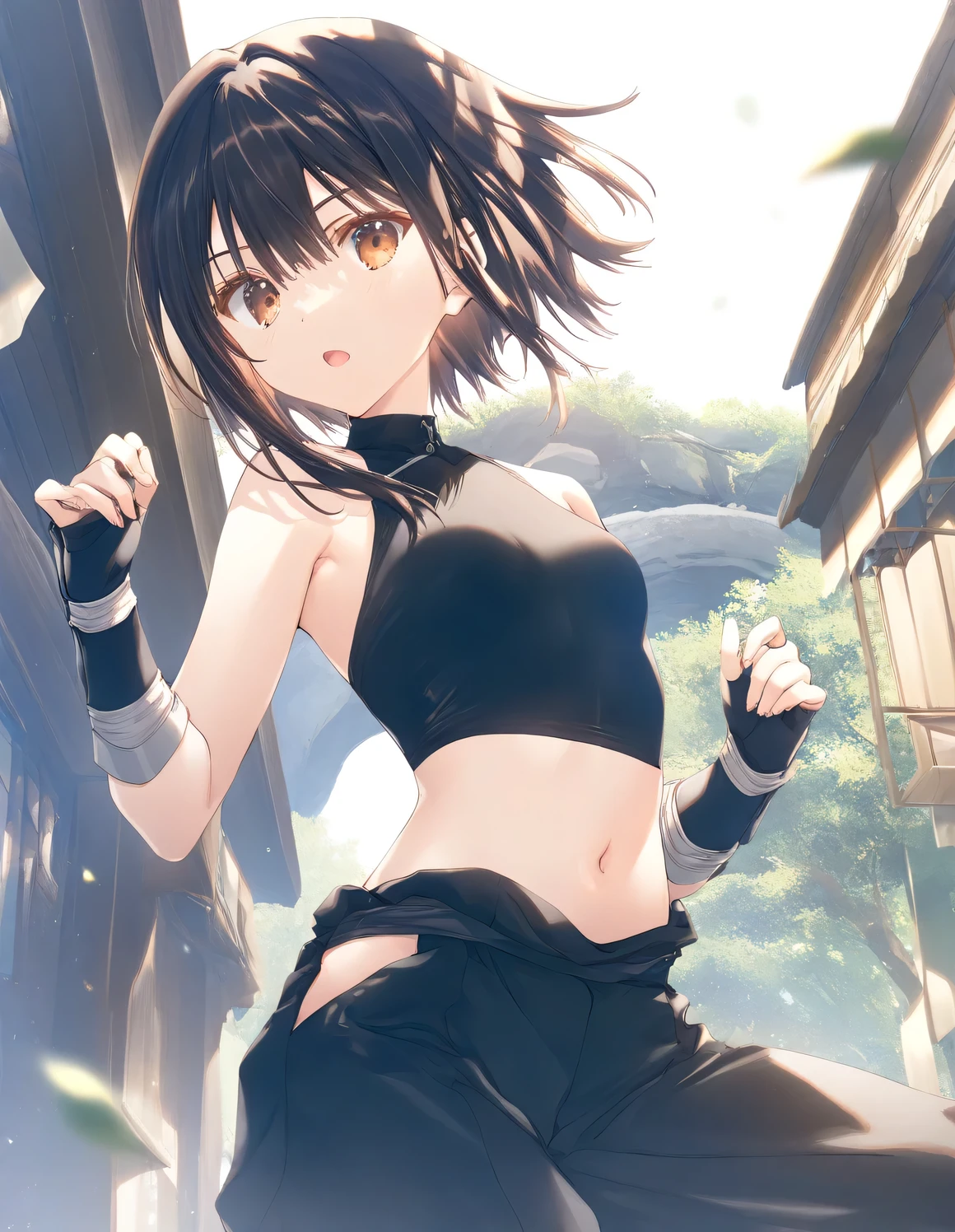 1girl, ninja, little female, small breasts, beautiful detailed eyes, expressionless, open mouth, outdoors,wind, fantasy, game CG, break,((artist:mitsumi_misato)),(artist:fujiyama),(artist:suzumori),(masterpiece), (best quality), (ultra-detailed), very aesthetic, newest, beauty illustration,super detailed skin, (masterpiece), (best quality), (ultra-detailed), very aesthetic lighting,newest ,hi res,absurd_res,2023,shaded,digital media (artwork), realistic lighting, 4k, 8k,