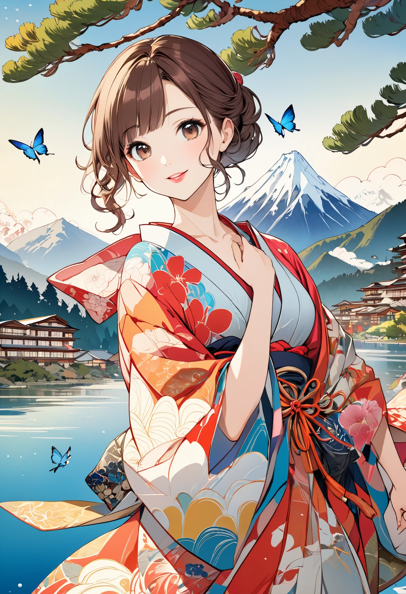 ( best quality, masterpiece,  high definition , 8k),  Young and Beautiful Women ,  cute face,  colorful kimono with bright patterns that reveal the chest, Mid-chest,  beautiful smiling woman ,  beautiful brown eyes ,  Pretty Pink Lips , Long brown hair,  look at me and smile, Mountain, Hotel, lake, blue bird ,  birds are flying, Blue Butterfly, large pine tree branch, Colorful Ukiyo-e style illustrations,  Detailed Illustration Art , 