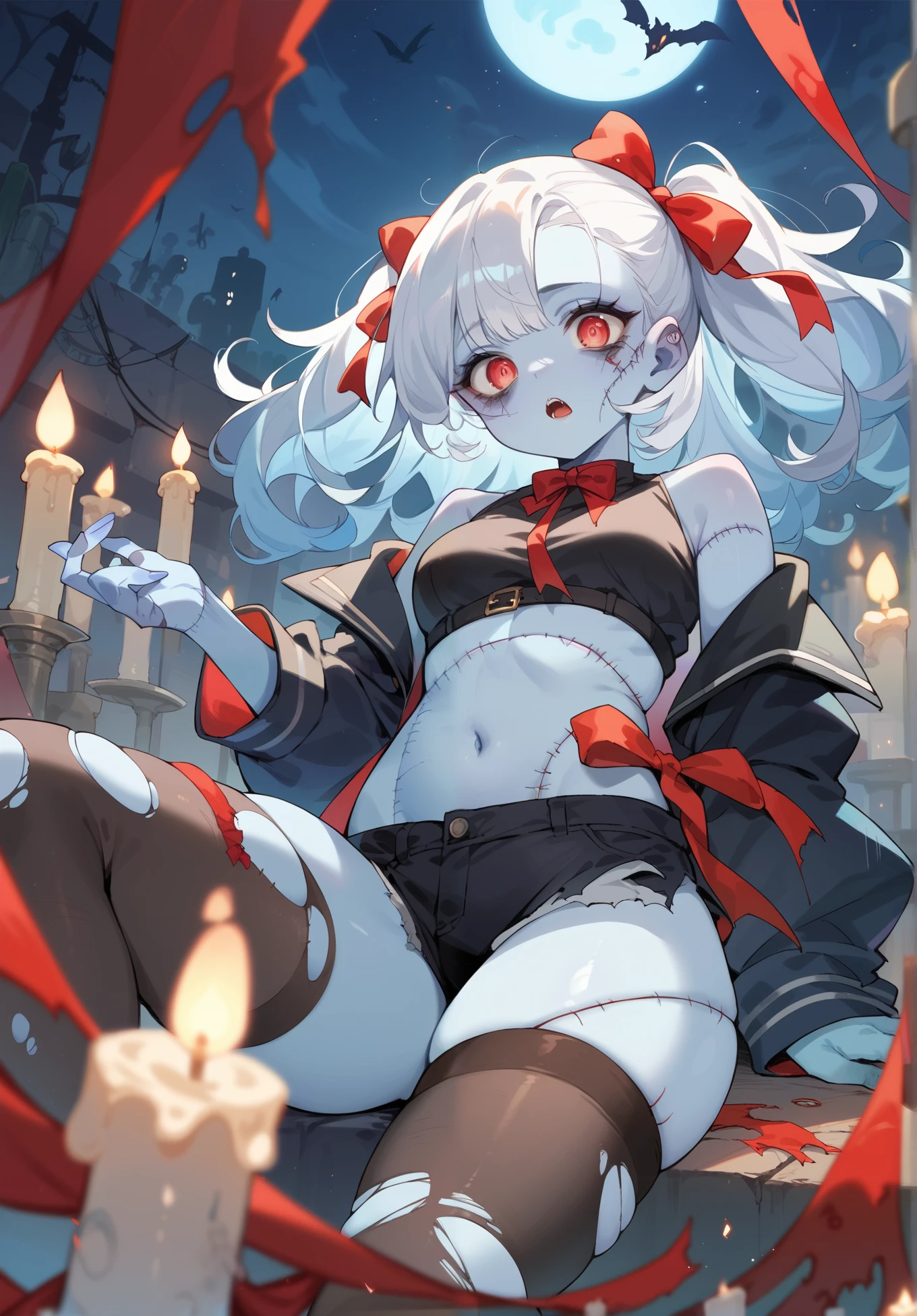 Gorgeous zombie girl, undead, light blue skin, body stitches, white hair, torn stockings, torn up clothes, red ribbons, old underground mausoleum, candles, night time,