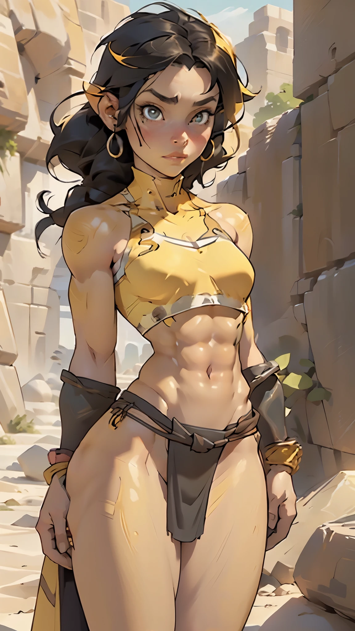 orc, orc girl, dark skin, mature orc girl, abs, toned,  long black hair,  heavy armor outfit, bikini armor, erotic expression, large breasts,((loincloth)),

(very yellow skin,yellow colored skin,(yellow colored skin),yellow skin,yellow face)

muscle legs:1.5,muscular thighs:1.5,muscular girl:1.5,muscular:1.5,feminine and muscular,((ABS:1.5)),arm muscle:1.5,Strong physique,bulky:1.5

(dynamic pose:1.0),(centered,scale to fit dimensions,Rule of thirds,cowboy shot),

desert scenery:1.25,((stones scenery)),

((best quality)), ((masterpiece)), (detailed), Realistic Shadows, Detailed skin, Very detailed, highly detailed face, Perfect face shape, Perfect lips, Perfect nose, Correct beautiful eyes, Watching Viewer, Best Quality, (nsfw:0.5), ((flat chested, flat stomach, baby face)), (intense colors), ((3d)),

