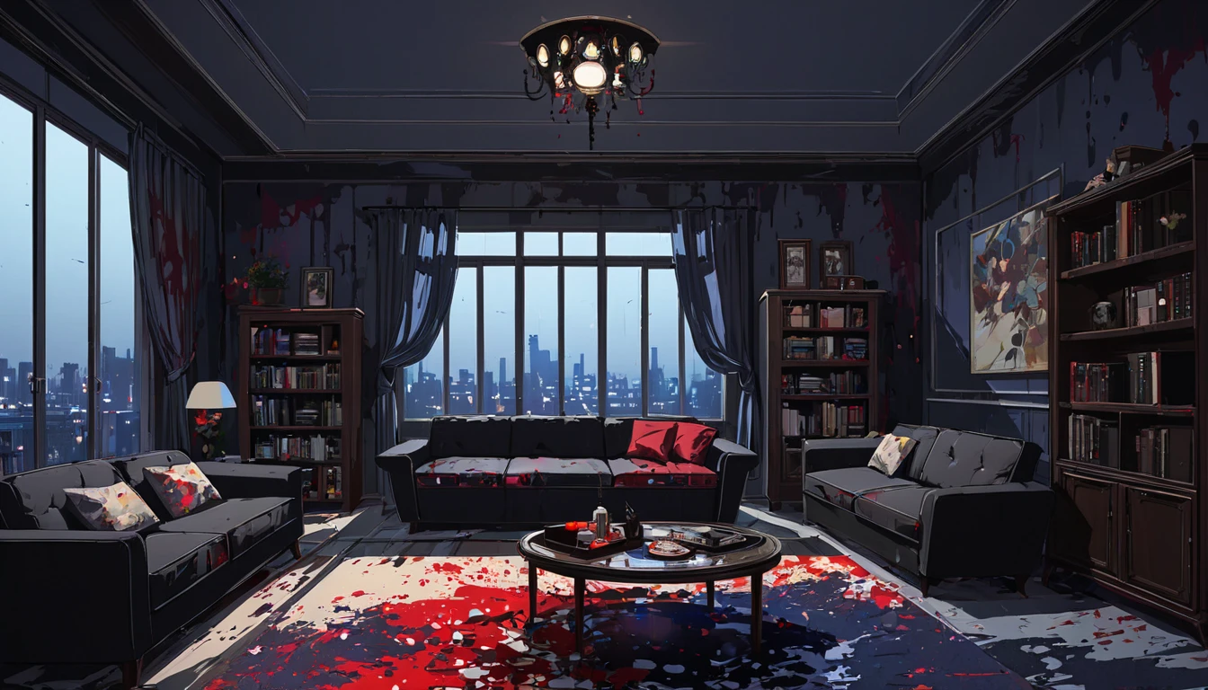 painterly manhwa art style, acrylic painting style, dark colors, living room with a balcony that looks down at city lights dark, sofa, table, painting, bookshelf, clock, just a normal living room........ ominous feeling, eerie,splatter of blood on the wall, carpet, homely decor,
night time.