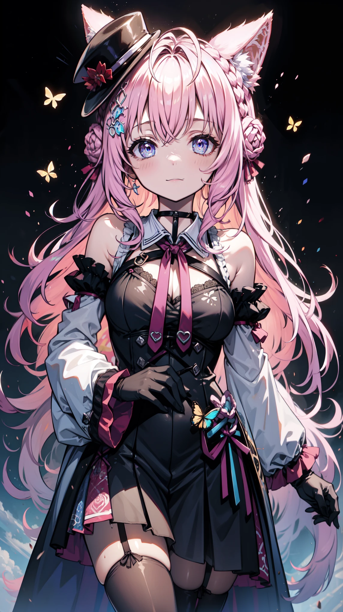      unique  ，    pink hair      ,    pale   ,  Butterfly,    purple eyes     ,  Butterfly装饰 的女人，  black gloves ，  Modern Outfits，shirt，secondary outfit  ，Gel Coat，， And with black decoration    ,    The impact of the black decoration    , Golden ribbon,      is decorated with dark blue flowers and width    , Long gown，The little hat  ，原神冲击