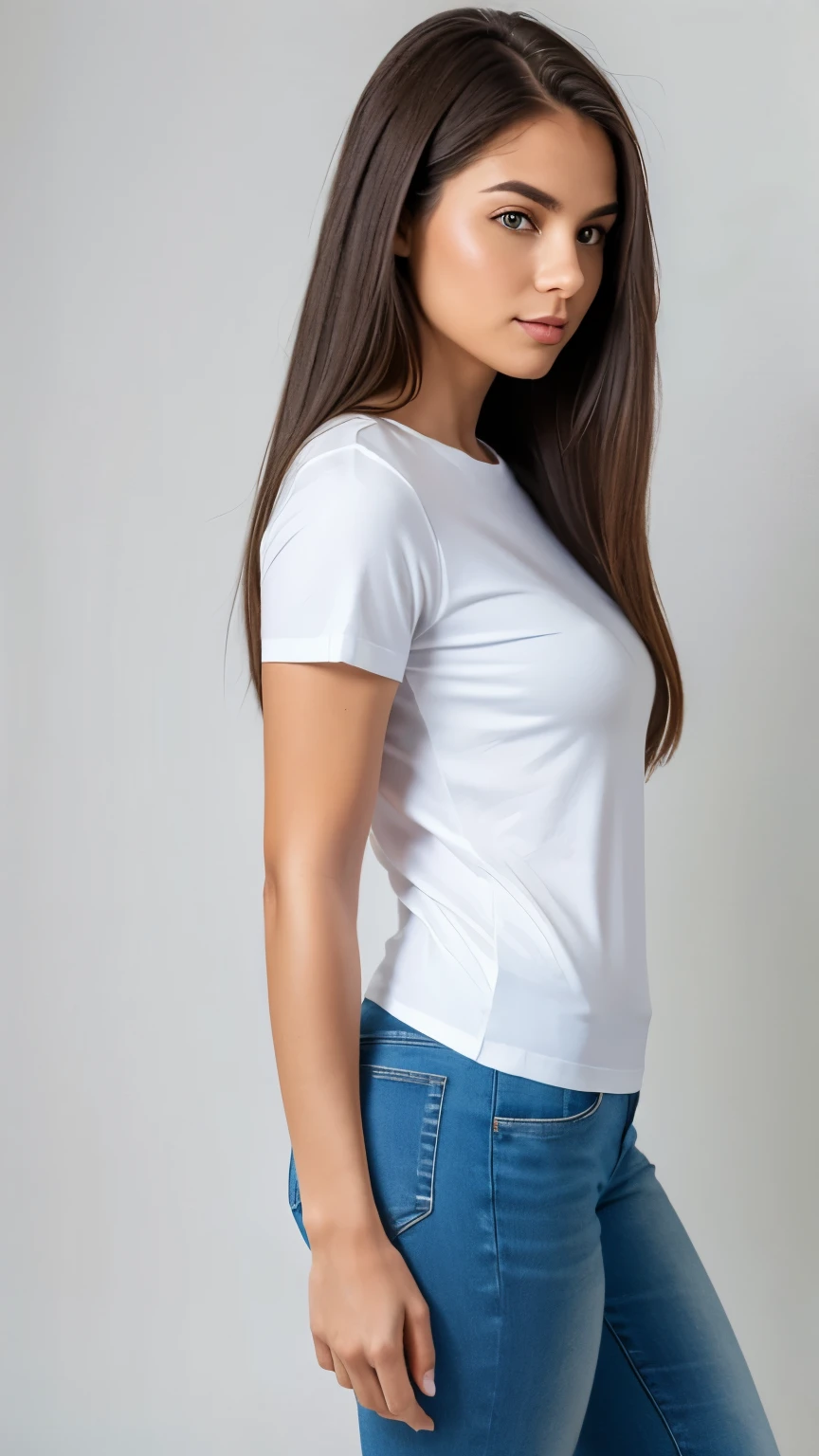 A full-body hyper-realistic image showing a female model, 25 years old, fair skin, long straight brown hair, wearing a plain white fitted T-shirt with no logos or designs, paired with light blue skinny jeans and white sneakers. The image includes two perspectives: the front view and back view of the model, placed side by side. Shot with a Canon EOS R5 and a 50mm f/1.8 lens under bright white studio lighting. Ultra-detailed fabric texture with visible seams, natural folds, and sharp focus. Clean white background with soft floor shadows under both perspectives.
