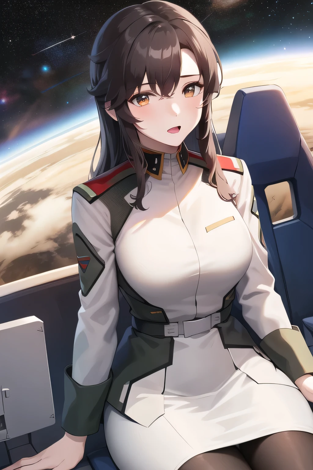 masterpiece,   best quality,   high definition  , Friendly 1  ,   1 girl, Alone, (black_  pantyhose:1.1), military uniform, military, Compensate,   white shirt,  White Skirt,   tight skirt  ,   is sitting,   upper body,   cockpit , space,   open your mouth,