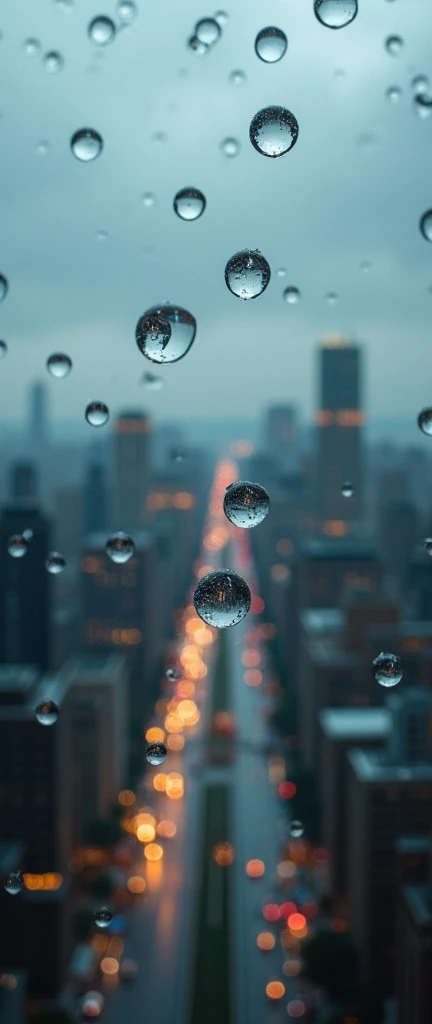 A photograph looking up at the sky. Many raindrops are falling. Focus on the raindrops. Each raindrop has a reflection of a cityscape. close up of raindrops