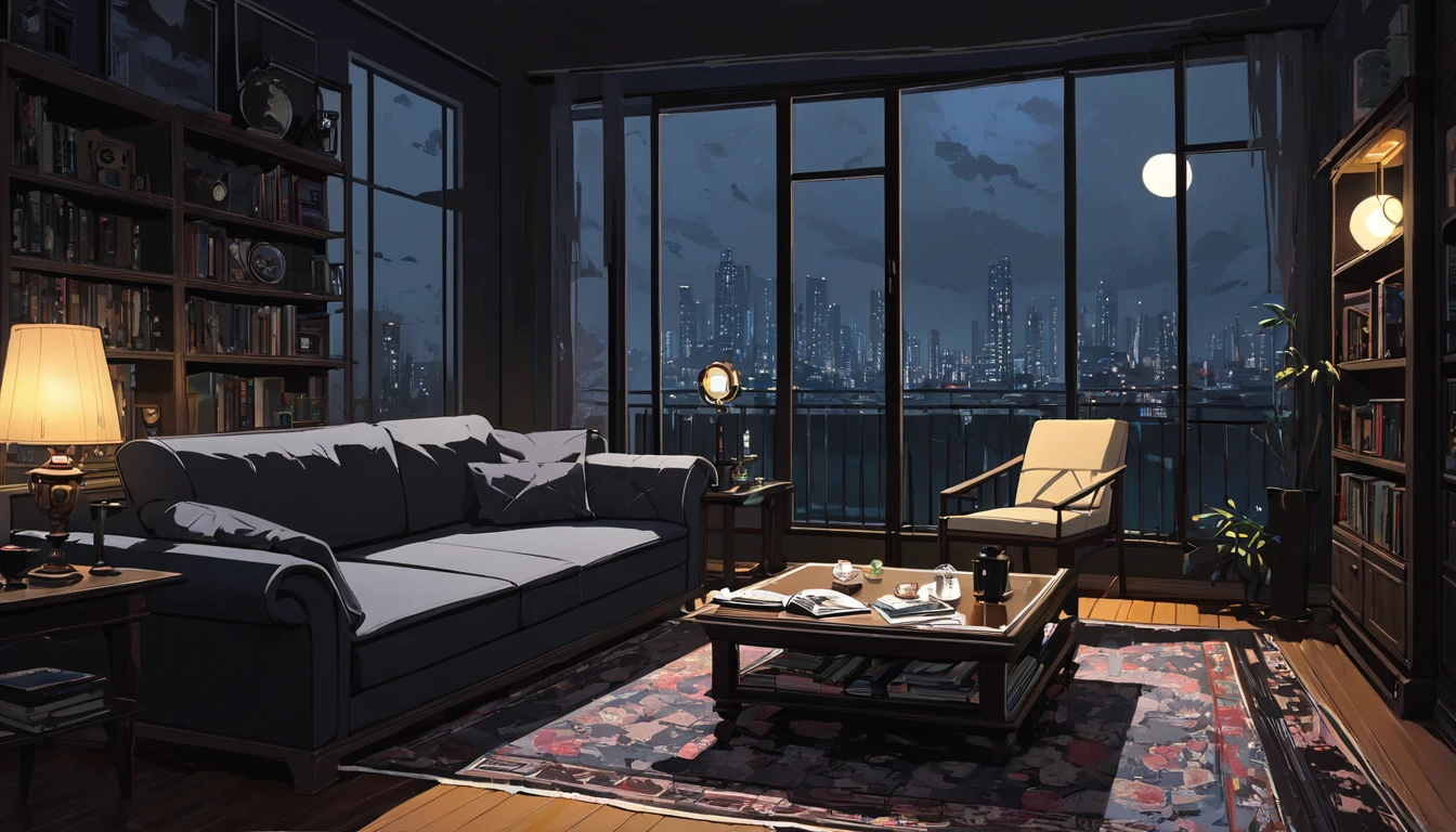 painterly manhwa art style, acrylic painting style, dark colors, living room with a balcony that looks down at city lights dark, sofa, table, painting, bookshelf, clock, just a normal living room........ ominous feeling, eerie, carpet, homely decor, lights off,