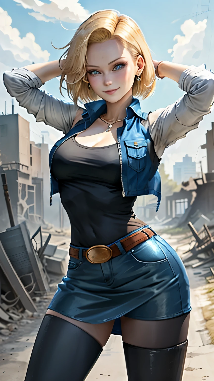 best quality, high-res, and18, 1girl, android 18, solo, blonde hair, blue eyes, belt, blue demin bodycon skirt, gold necklace, black shirt, short hair, long sleeves, striped sleeves, earrings, open vest, blue denim vest, large breasts, cowboy shot, forest, straight-on, (weather: windy), combat ready position, full length pantyhose, battle ruins, wide hips, shy smile,