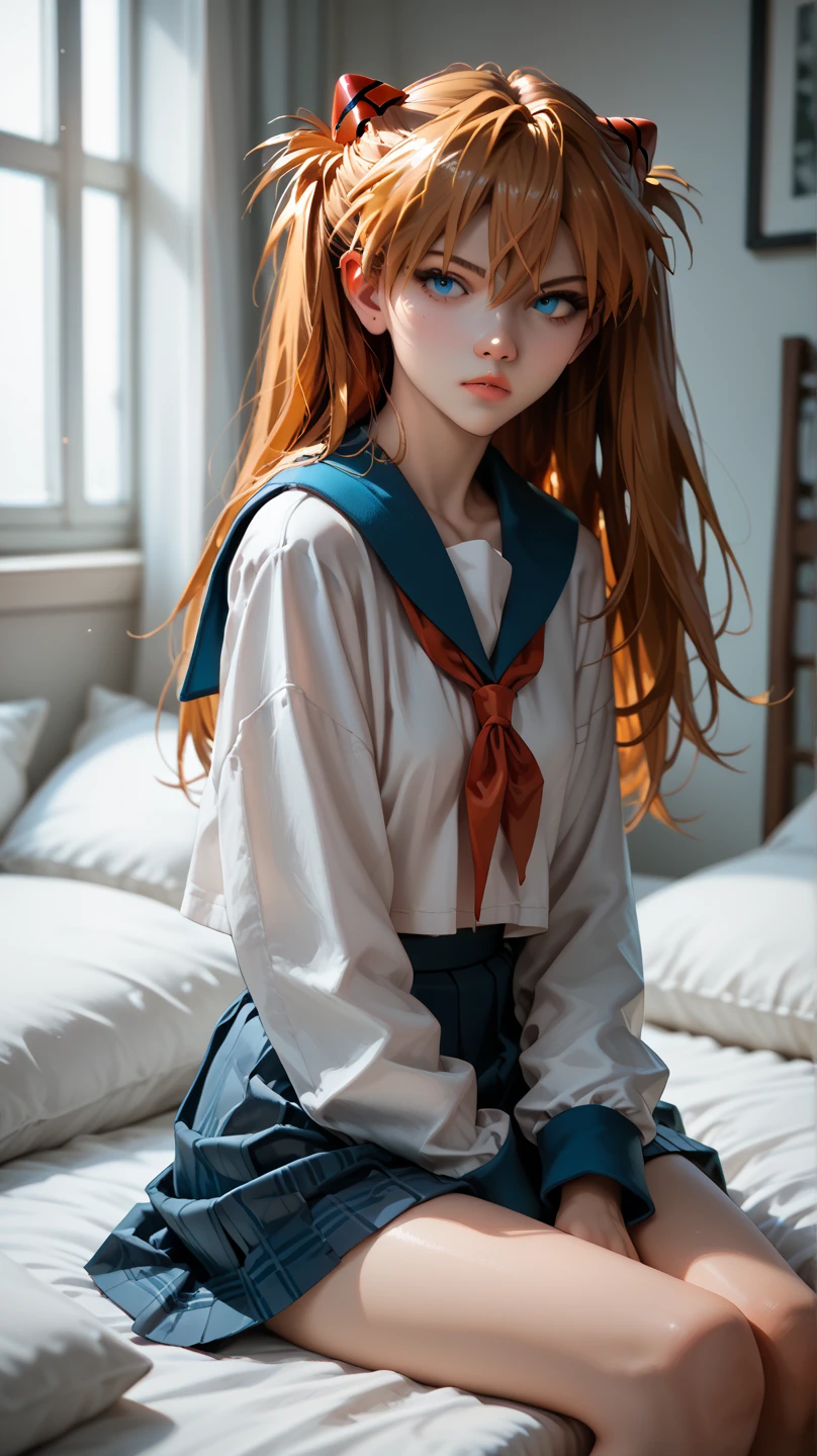  Asuka Langley from Neon Genesis Evangelion is sitting on top of the spectator's lap, both in bed . She looks directly at the viewer. She's wearing a school uniform, long hair, blue eyes. sfw safe for work ,  big boobs