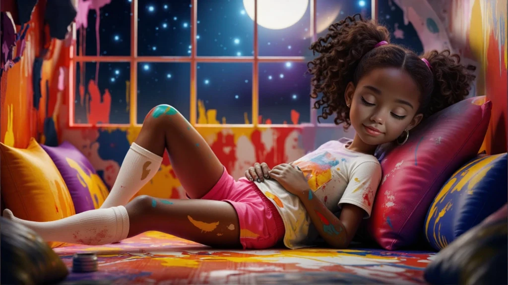 Inspired by Disney-Pixar 3D posters, the scene shows a10YO, , AGE:10, 10 ANOS DE IDADE, girl, light brown skin, African descent, curly hair tied in a ponytail, a pink lock of hair, lying down with her eyes closed, clearly sleeping peacefully and happily. It is night, the moon is full and the stars shine breathtakingly, and the room has a soft glow that exudes a magical and peaceful atmosphere. The girl is surrounded by creative chaos: vibrant paints scattered everywhere, cushions of various colors around her, brushes and open paint pots, with splashes covering the floor, the cushions and even her own clothes. Her white T-shirt and pink shorts, short and sexy, tucked into her vagina so tight, white socks up to her knees. A huge window shows the beauty of this special night. They are stained with paint, her body is covered in splashes and traces of paint, but this adds to the feeling of creative joy. Her expression conveys peace and contentment, as if she had fallen asleep in the middle of an imaginative painting session. The scene, although messy, is enveloped by a playful and comforting atmosphere, highlighting creativity and dreaming.