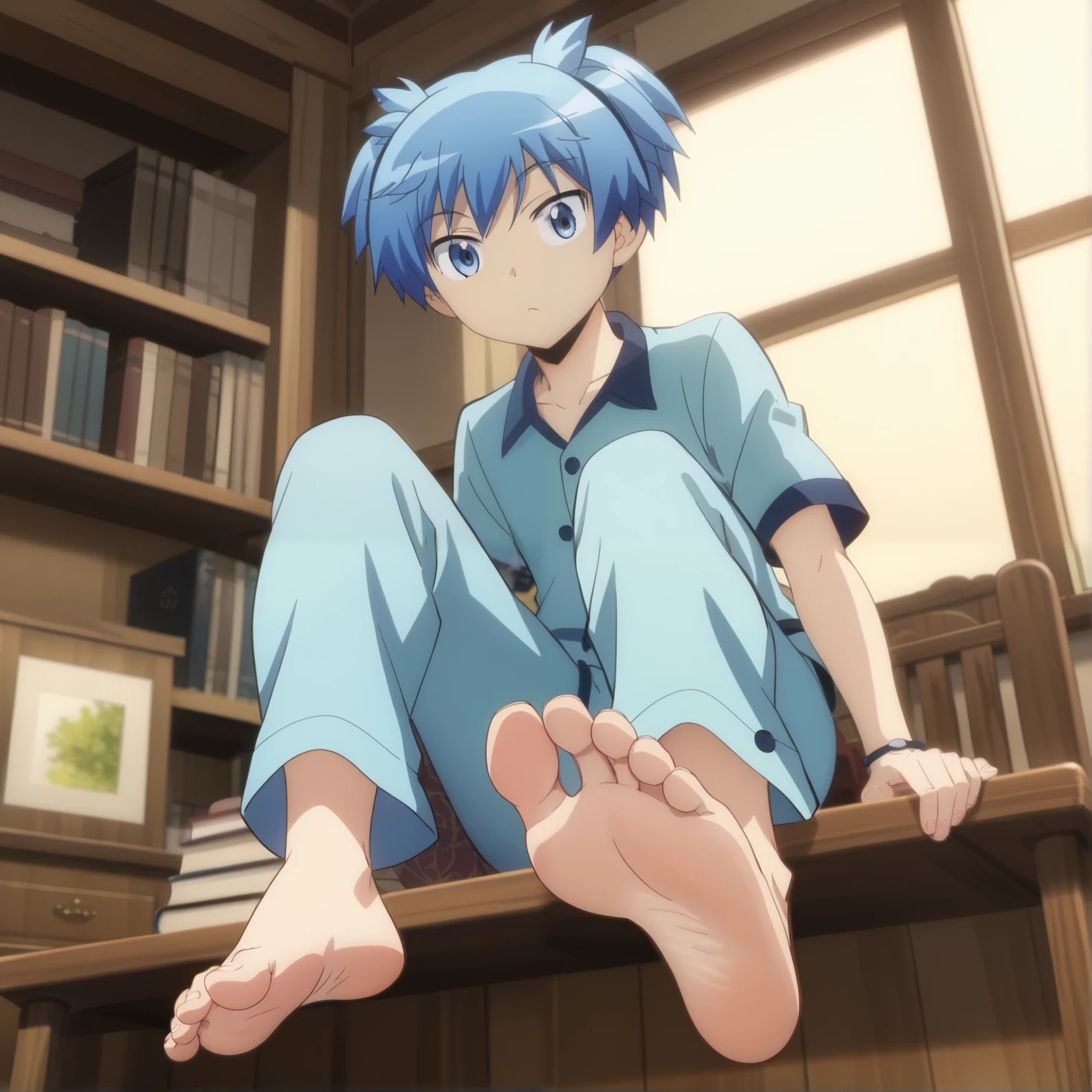 Score_9, score_8_up, source_anime, 1boy, Nagisa Shiota, big eyes, alone, looking at viewer, in his room, sitting, cowboy shot, ANIME SCREENCAP, anime coloring, barefoot, perfect feet, anatomically correct, soles, low angle, focal length 35mm, each foot has five toes, front, symmetrical soles, foot focus, wearing pajamas, long pants