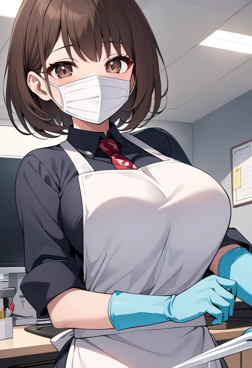  with a bright expression ,  big boobs,  short dark brown hair, Dark brown eyes ,  wear a white cotton apron, Wear rubber gloves ,  wear a white mask , A view of cleaning the principal's office