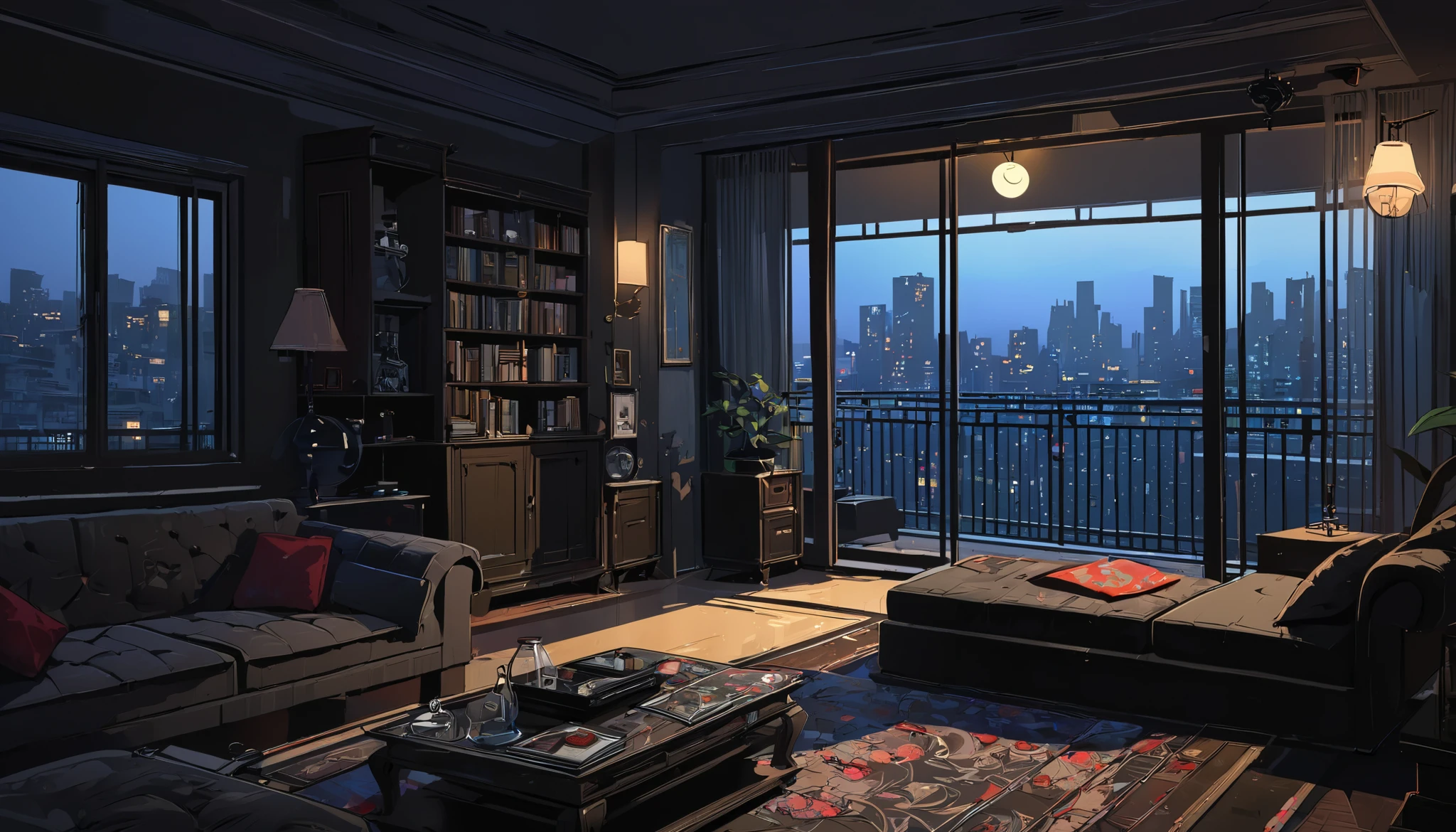 painterly manhwa art style, acrylic painting style, dark colors, living room with a balcony that looks down at city lights dark, sofa, table, painting, bookshelf, clock, just a normal living room........ ominous feeling, eerie, carpet, homely decor, lights off,