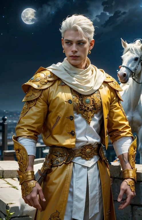  young face, 1 man ,  The young man of the moon looks interesting,  black eyes , standing next to a white horse, white horse,  Against the background of the huge moon in the sky .  combed white hair , medium full frame, wear a necklace,  Wearing full combat gear ,  charming smile,  brown inner leather jacket ,  Gold armor Topaz and white robe ,  Purple long scarf ,  blue cloak ,  Royal family style , Embroidery,  Medium-length hairstyle , skinny,  Horse comb on armor , masterpiece, illustration,  best quality,  in detail,  intricate , HDR, wallpaper,  cinematic lighting,  clear focus , Alberto Soveso style 