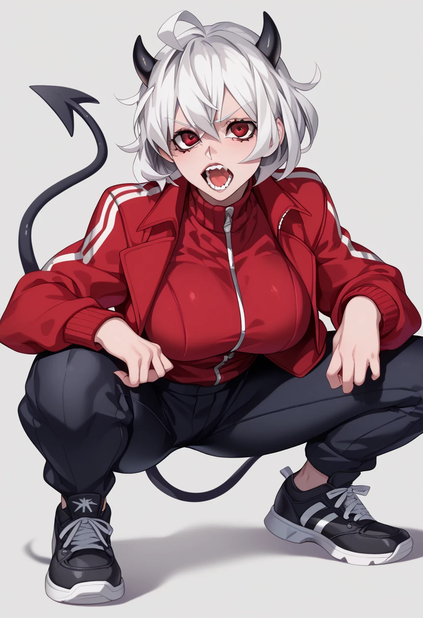 malina(helltaker), large breasts, pants, teeth, black horns, white hair, grey background, black footwear, jacket, short hair, squatting, track jacket, demon horns, demon girl, open mouth, solo, demon tail, looking at viewer, 1girl, red jacket, sneakers, red eyes, ahoge, shoes, simple background, horns, tail