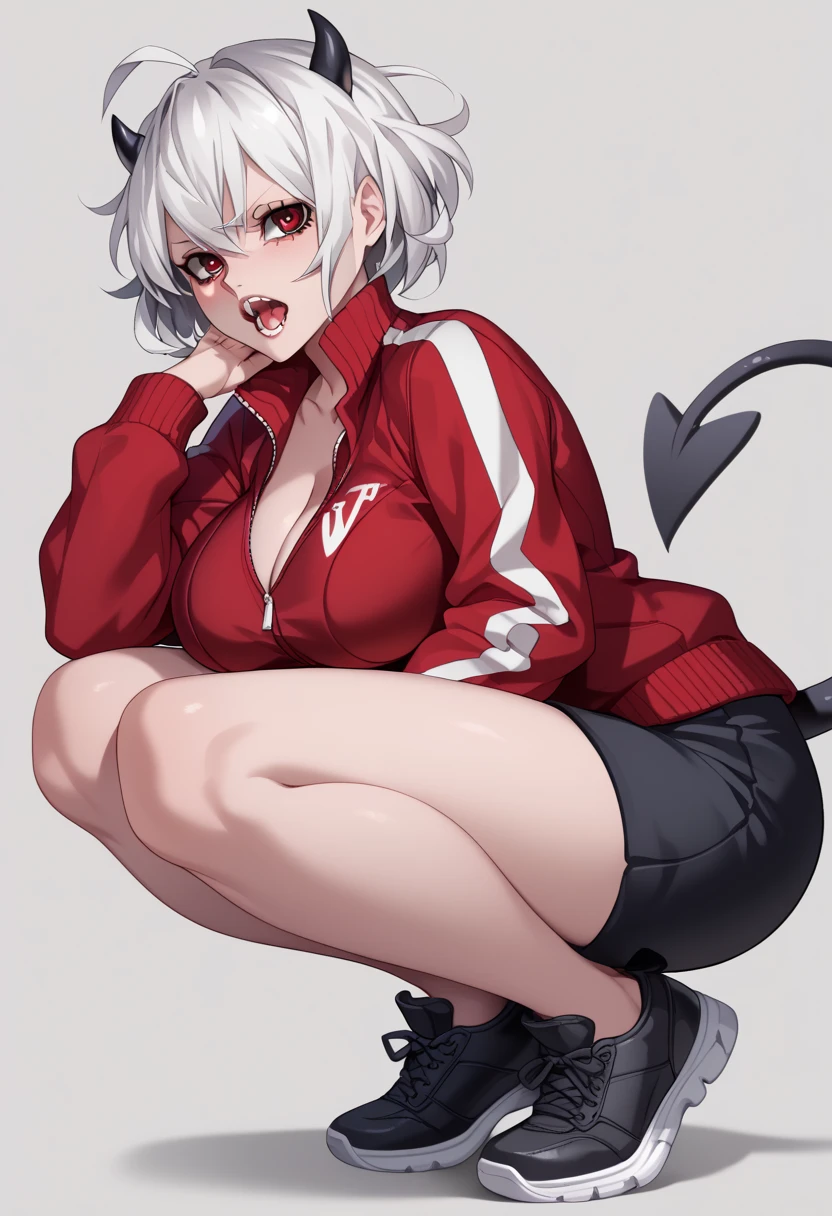 malina(helltaker), large breasts, pants, teeth, black horns, white hair, grey background, black footwear, jacket, short hair, squatting, track jacket, demon horns, demon girl, open mouth, solo, demon tail, looking at viewer, 1girl, red jacket, sneakers, red eyes, ahoge, shoes, simple background, horns, tail