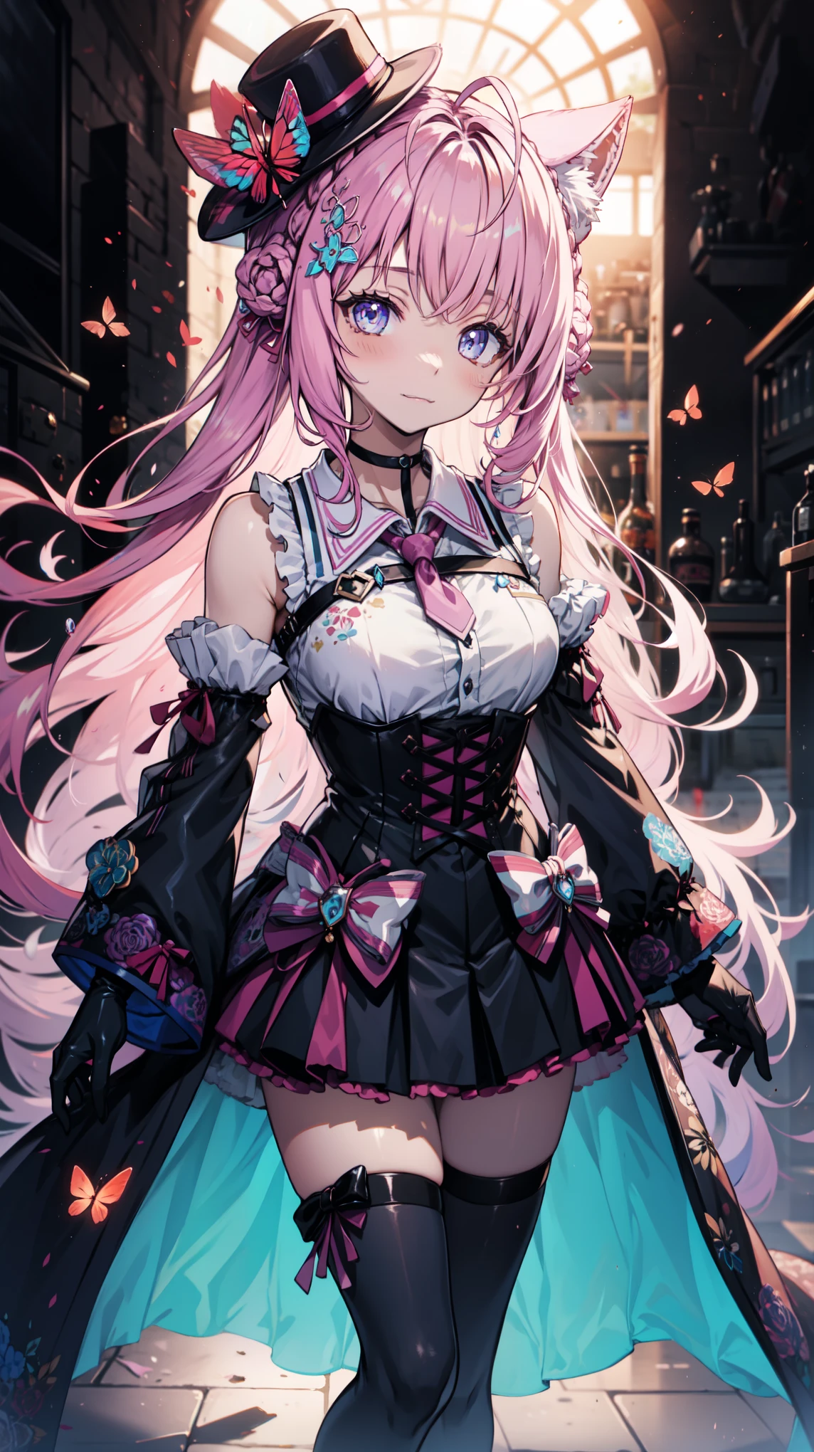      unique  ，    pink hair      ,    pale   ,  Butterfly,    purple eyes     ,  Butterfly装饰 的女人，  black gloves ，  Modern Outfits，shirt，secondary outfit  ，Gel Coat，， And with black decoration    ,    The impact of the black decoration    , Golden ribbon,      is decorated with dark blue flowers and width    , Long gown，The little hat  ，原神冲击