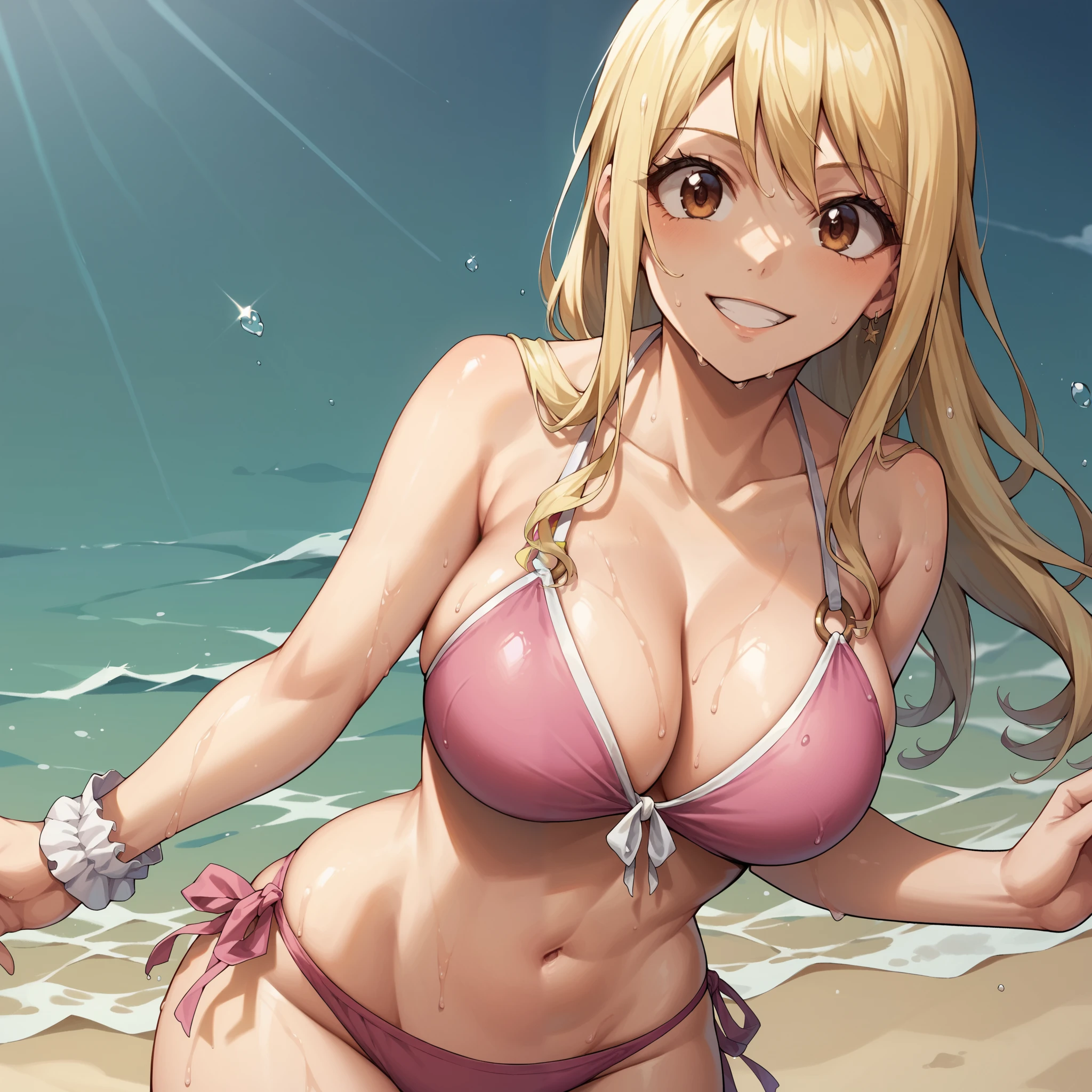 Lucy Heartfilia, long, loose blond hair,  brown eyes, smile,  big breasts, pink bikini with jaguar design. She's walking on a lonely beach . A Single Woman Lonely Woman . wet body