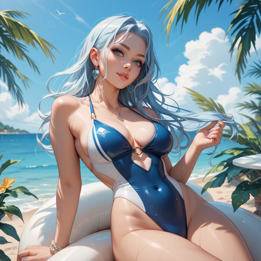 low angle,from below,(1girl), ((masterpiece, highest resolution,best quality)), (beautiful illustration),(semi long beautiful silver green hair),(beautiful blue eyes), (white beautiful elegant one piece swimsuit), (swimming in the sea),
innocent smile, white over-kneehighs,Lace chalker, wristband, fingerless gloves, over-kneehighs,
Lace chalker, diamond necklace,wristband, fingerless gloves, earrings, windy,cinematic lighting, beach, sand, blue sky, waves, coconut tree,
