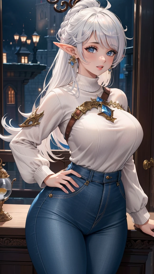 (masterpiece:1.2, best quality), (intricate details), alisaie, (alisaie leveilleur (final fantasy)), 1girl, elf ears, denim pants, white sweater, realism, Detailed, intricate, sharp focus, Ultra-detailed, detailed pupils, puffy lips, skindentation, (intricate detail), (Soft Lighting), Charming smile, white hair, aged up, older, (mature), (large breasts), nice hips, wide thighs, (hourglass figure), adult, long hair, (milf),