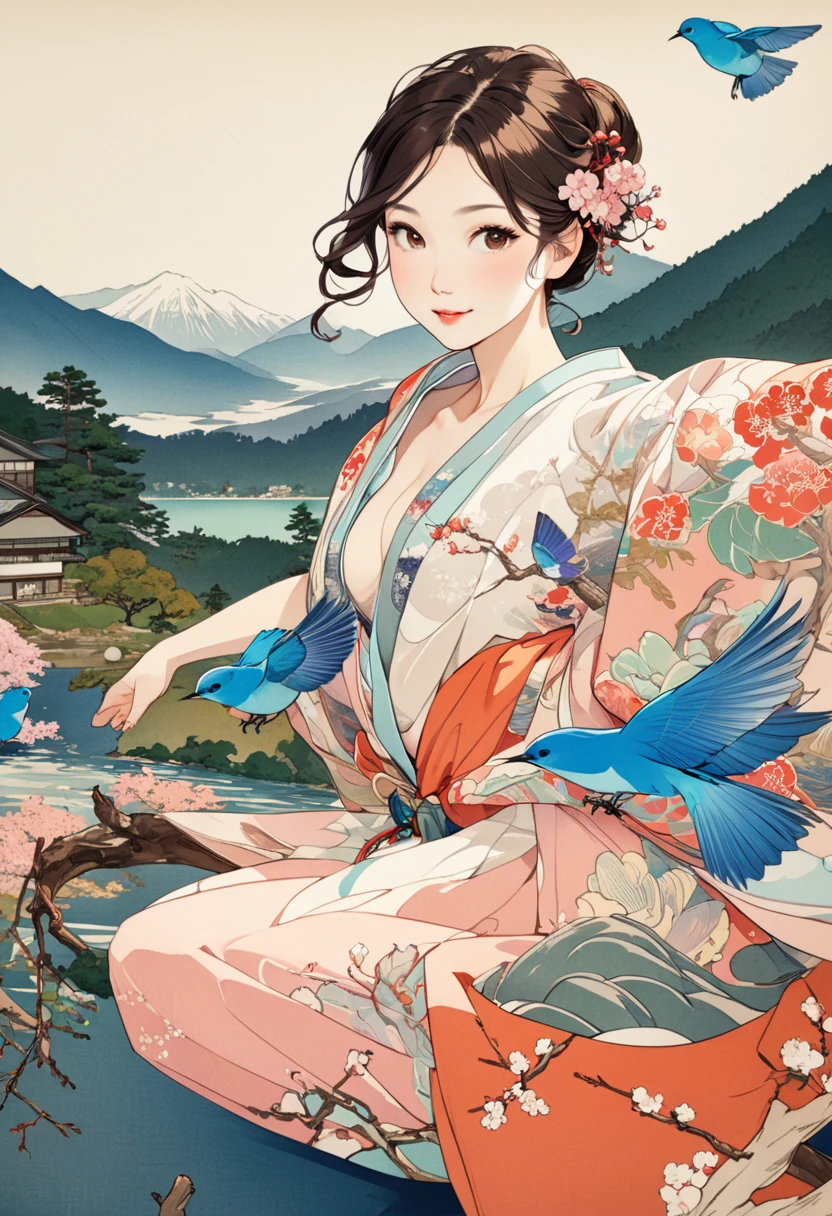 ( best quality, masterpiece,  high definition , 8k),  Young and Beautiful Women ,  cute face,  colorful kimono with bright patterns that reveal the chest, Mid-chest,  beautiful smiling woman ,  beautiful brown eyes ,  Pretty Pink Lips , Long brown hair,  look at me and smile, Mountain, Hotel, lake, blue bird ,  birds are flying, Blue Butterfly, large pine tree branch, Colorful Ukiyo-e style illustrations,  Detailed Illustration Art , 