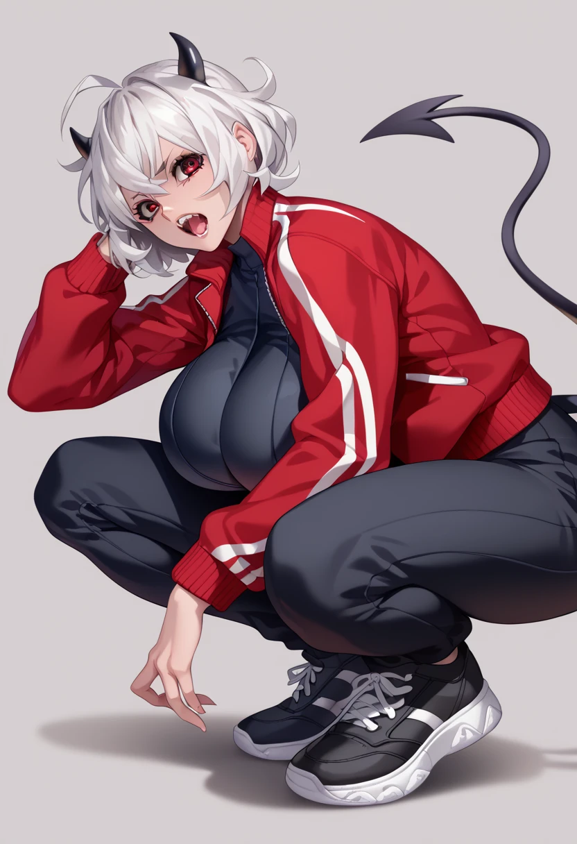 malina(helltaker), large breasts, pants, teeth, black horns, white hair, grey background, black footwear, jacket, short hair, squatting, track jacket, demon horns, demon girl, open mouth, solo, demon tail, looking at viewer, 1girl, red jacket, sneakers, red eyes, ahoge, shoes, simple background, horns, tail, huge breasts 