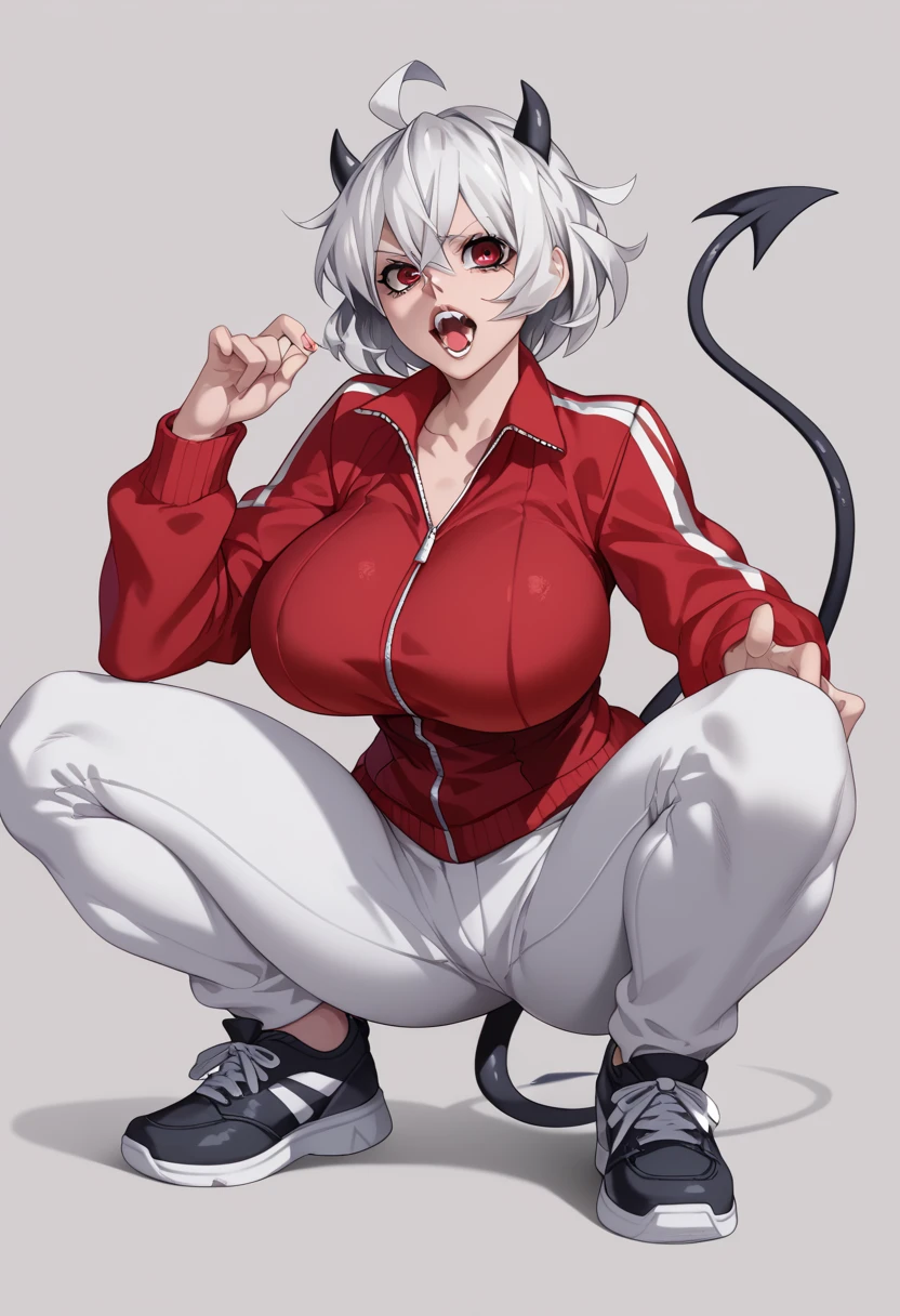 malina(helltaker), large breasts, pants, teeth, black horns, white hair, grey background, black footwear, jacket, short hair, squatting, track jacket, demon horns, demon girl, open mouth, solo, demon tail, looking at viewer, 1girl, red jacket, sneakers, red eyes, ahoge, shoes, simple background, horns, tail, huge breasts 