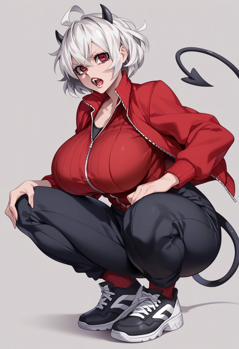 malina(helltaker), large breasts, pants, teeth, black horns, white hair, grey background, black footwear, jacket, short hair, squatting, track jacket, demon horns, demon girl, open mouth, solo, demon tail, looking at viewer, 1girl, red jacket, sneakers, red eyes, ahoge, shoes, simple background, horns, tail, huge breasts 