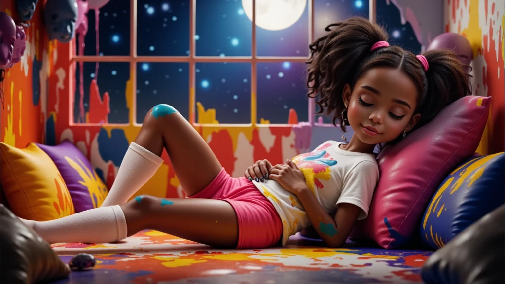 Inspired by Disney-Pixar 3D posters, the scene shows a10YO, , AGE:10, 10 ANOS DE IDADE, girl, light brown skin, African descent, curly hair tied in a ponytail, a pink lock of hair, lying down with her eyes closed, clearly sleeping peacefully and happily. It is night, the moon is full and the stars shine breathtakingly, and the room has a soft glow that exudes a magical and peaceful atmosphere. The girl is surrounded by creative chaos: vibrant paints scattered everywhere, cushions of various colors around her, brushes and open paint pots, with splashes covering the floor, the cushions and even her own clothes. Her white T-shirt and pink shorts, short and sexy, tucked into her vagina so tight, white socks up to her knees. A huge window shows the beauty of this special night. They are stained with paint, her body is covered in splashes and traces of paint, but this adds to the feeling of creative joy. Her expression conveys peace and contentment, as if she had fallen asleep in the middle of an imaginative painting session. The scene, although messy, is enveloped by a playful and comforting atmosphere, highlighting creativity and dreaming.