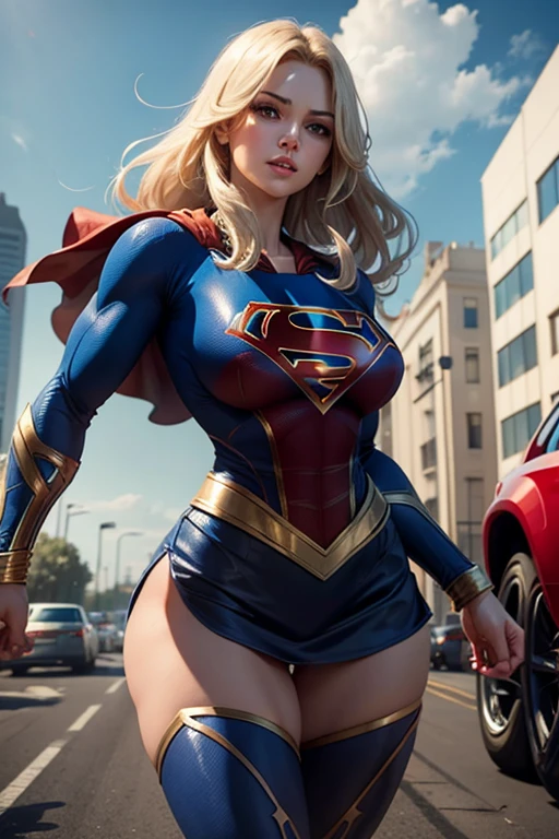 4k, realistic, charismatic, very detailed, there is a girl in the sky, dressed in a super girl costume, she is a super girl, superhero theme, blonde short hair, ponytail, 20 years, full body, (detail in the eyes), (detail in the face), incredibly beautiful, blue eyes, blush, makeup, red lipstick, miniskirt, (wide hips), (thick thighs), small breasts, dress,, seductive pose, (extreme hourglass figure), thin, svelte, white skirt, boots, tight t-shirt