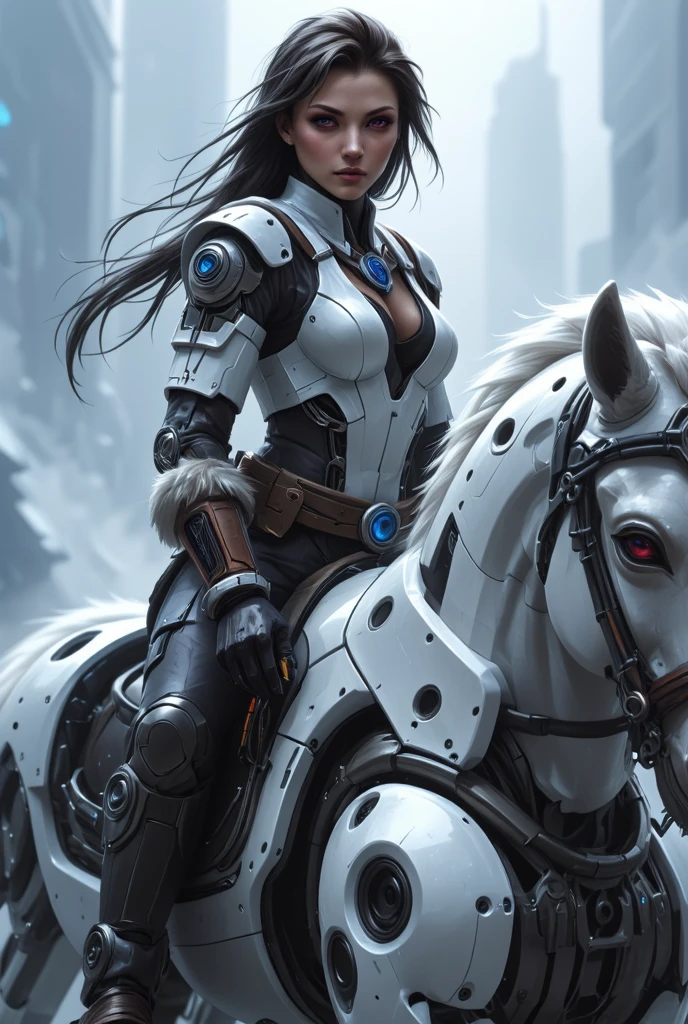 a semi robotic female knight riding a white mechanical horse with flowing long hair and holding a handgun is a future police officer,white future technology style,