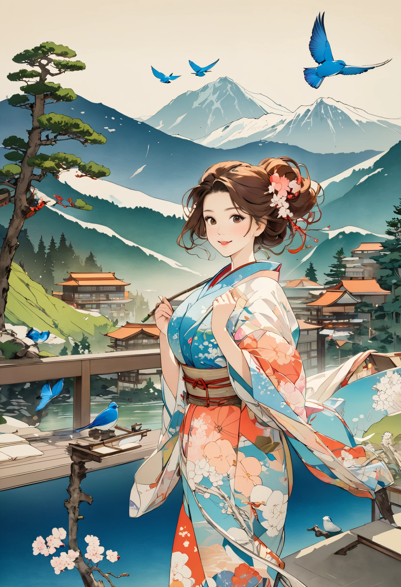 ( best quality, masterpiece,  high definition , 8k),  Young and Beautiful Women ,  cute face,  colorful kimono with bright patterns that reveal the chest, Mid-chest,  beautiful smiling woman ,  beautiful brown eyes ,  Pretty Pink Lips , Long brown hair,  look at me and smile, Mountain, Hotel, lake, blue bird ,  birds are flying, Blue Butterfly, large pine tree branch, Colorful Ukiyo-e style illustrations,  Detailed Illustration Art , 