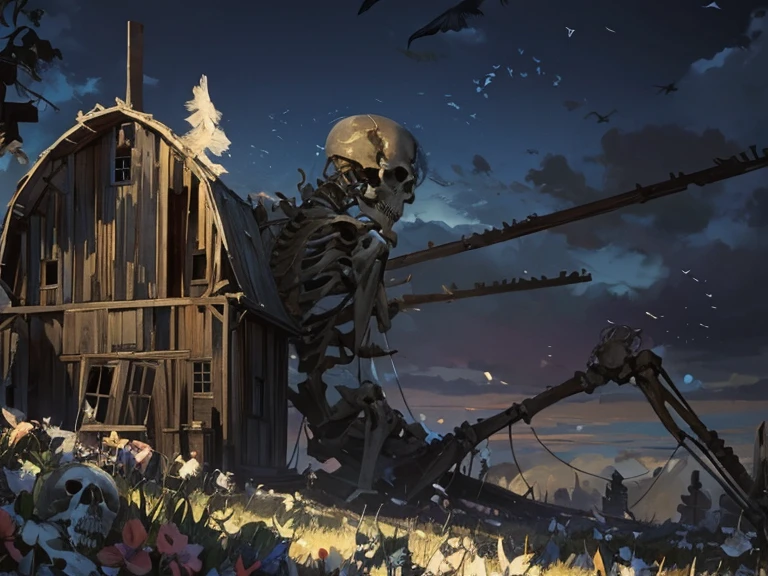  There's a House on the Prairie 、 Skeleton of a Giant Sitting with its Back to the House、 Decaying World 、Faded World 、 Birds Perched on a Skeleton and Rest Their Feathers 、 Beksinsky Art 、melancholia、 soft light , masterpiece, 