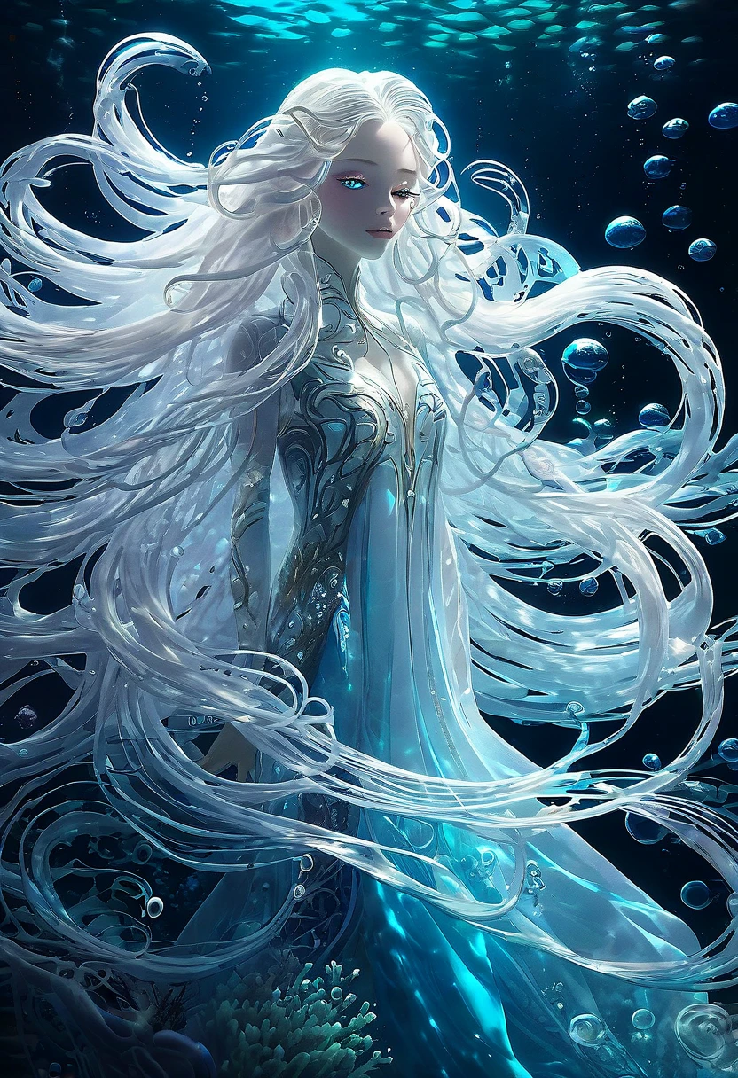 A beautiful ethereal underwater creature, long flowing white hair, translucent skin, swirls of dark water, luminescent bubbles, surreal, dreamlike, serene, otherworldly, intricate details, high quality, 8k, photorealistic, masterpiece:1.1), (HD quality:1.1)(best quality:1.1), (flat colors:1.2)